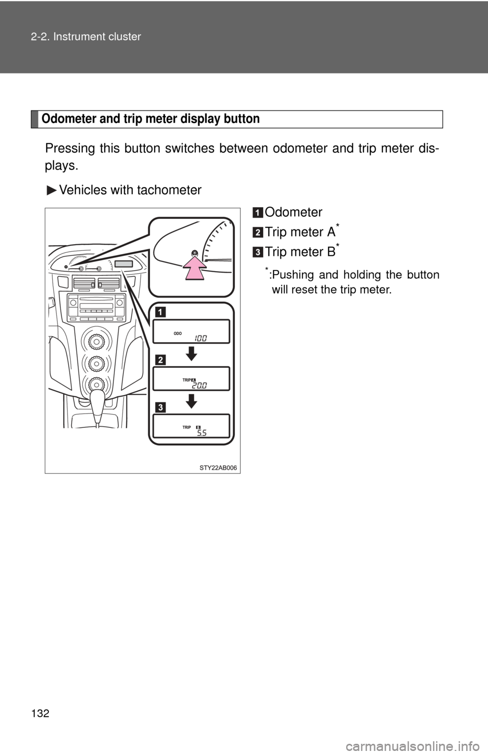 TOYOTA YARIS 2008 2.G Owners Manual 132 2-2. Instrument cluster
Odometer and trip meter display button 
Pressing this button switches between odometer and trip meter dis-
plays.
Vehicles with tachometer Odometer
Trip meter A
*
Trip mete