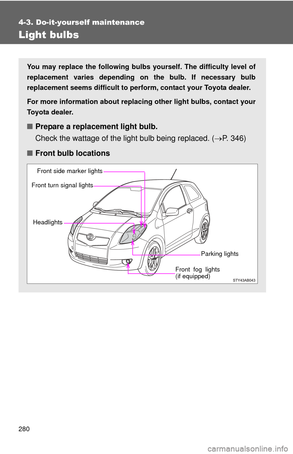 TOYOTA YARIS 2008 2.G Owners Manual 280
4-3. Do-it-yourself maintenance
Light bulbs
You may replace the following bulbs yourself. The difficulty level of
replacement varies depending on the bulb. If necessary bulb
replacement seems diff