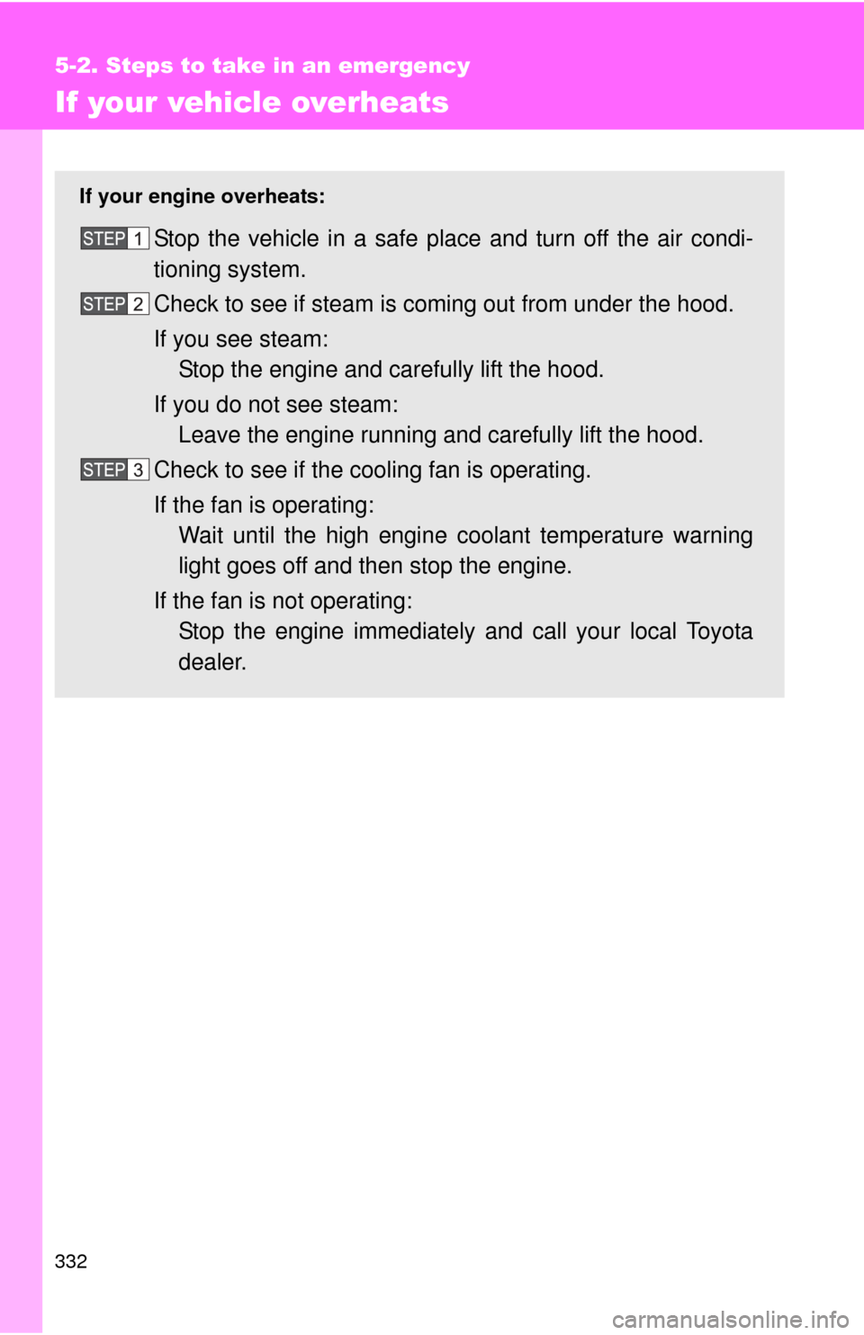 TOYOTA YARIS 2008 2.G Owners Manual 332
5-2. Steps to take in an emergency
If your vehicle overheats
If your engine overheats:
Stop the vehicle in a safe place and turn off the air condi-
tioning system.
Check to see if steam is coming 