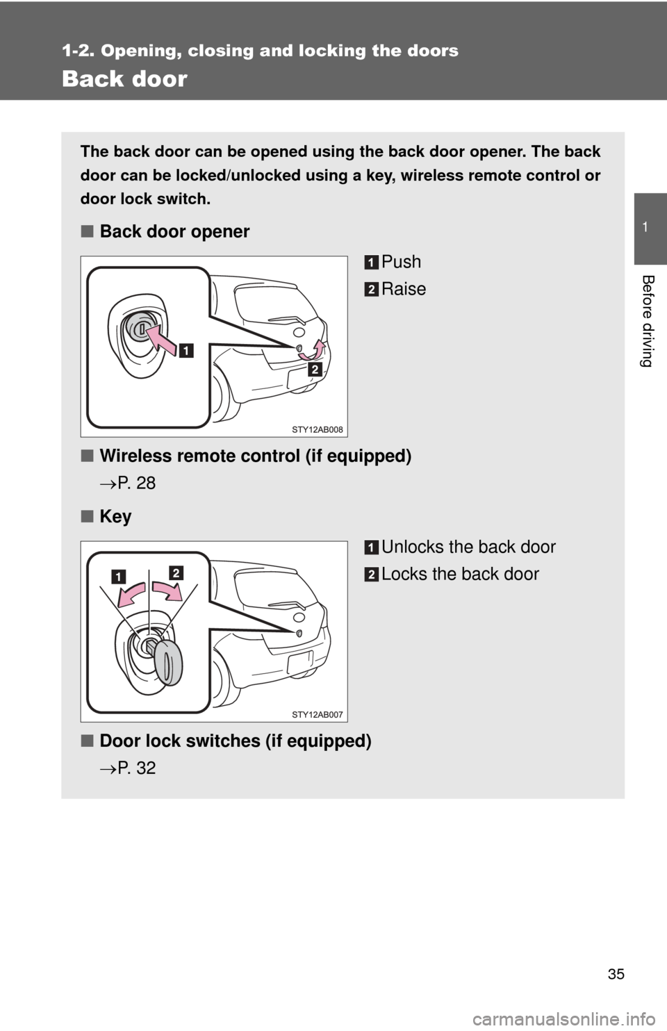 TOYOTA YARIS 2008 2.G Owners Guide 35
1
1-2. Opening, closing and locking the doors
Before driving
Back door
The back door can be opened using the back door opener. The back
door can be locked/unlocked using a key, wireless remote cont