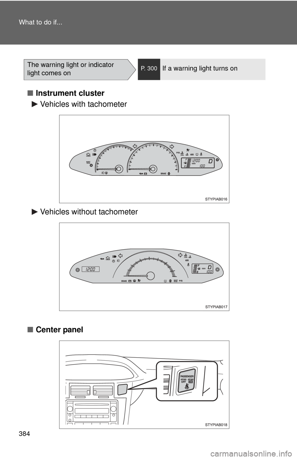 TOYOTA YARIS 2008 2.G Owners Manual 384 What to do if...
■Instrument cluster
■ Center panel
The warning light or indicator 
light comes onP. 300If a warning light turns on
Vehicles with tachometer
Vehicles without tachometer 