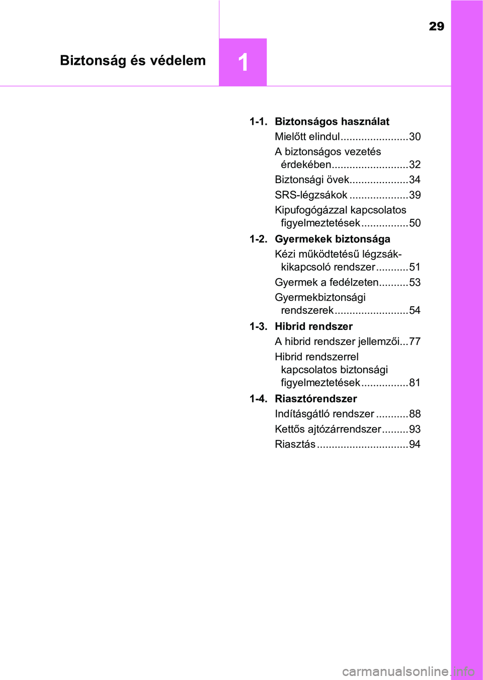 TOYOTA PRIUS 2017 Kezelési útmutató (in Hungarian) 29
1Biztonság és védelem
1-1. Biztonságos használatMielőtt elindul ....................... 30
A biztonságos vezetés érdekében.......................... 32
Biztonsági övek.................. TOYOTA PRIUS 2017 Kezelési útmutató (in Hungarian) 29
1Biztonság és védelem
1-1. Biztonságos használatMielőtt elindul ....................... 30
A biztonságos vezetés érdekében.......................... 32
Biztonsági övek..................