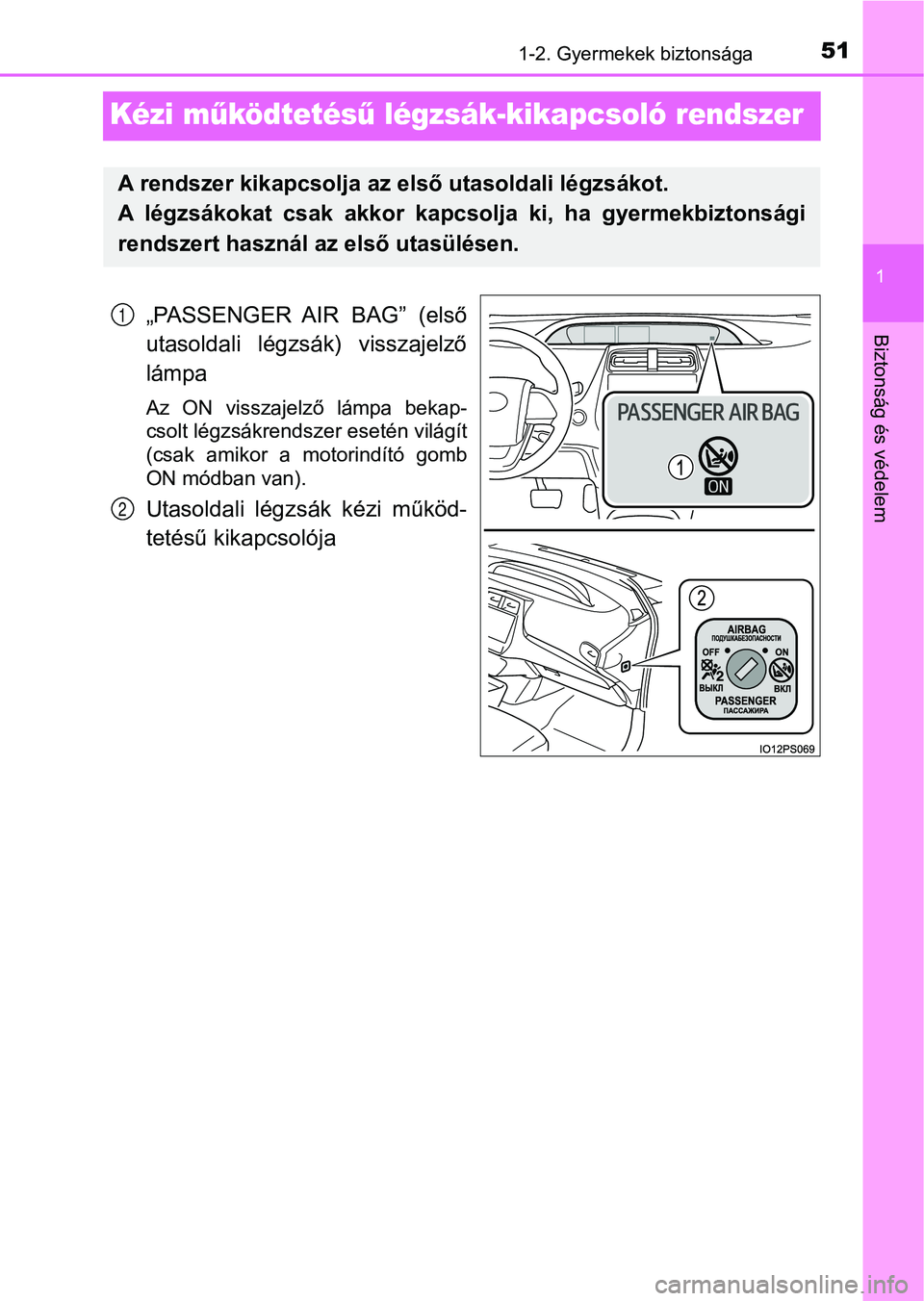 TOYOTA PRIUS 2017  Kezelési útmutató (in Hungarian) 511-2. Gyermekek biztonsága
1
Biztonság és védelem
Kézi működtetés ű légzsák-kikapcsoló rendszer
„PASSENGER  AIR  BAG”  (első
utasoldali  légzsák)  visszajelző
lámpa
Az  ON  vissz