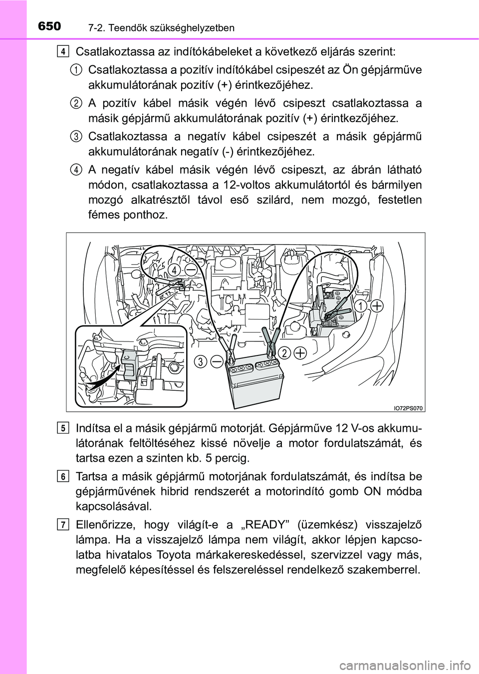 TOYOTA PRIUS 2017  Kezelési útmutató (in Hungarian) 6507-2. Teendők szükséghelyzetben
Csatlakoztassa az indítókábeleket a következő eljárás szerint:Csatlakoztassa a pozit ív indítókábel csipeszét az Ön gépjárműve
akkumulátorának po