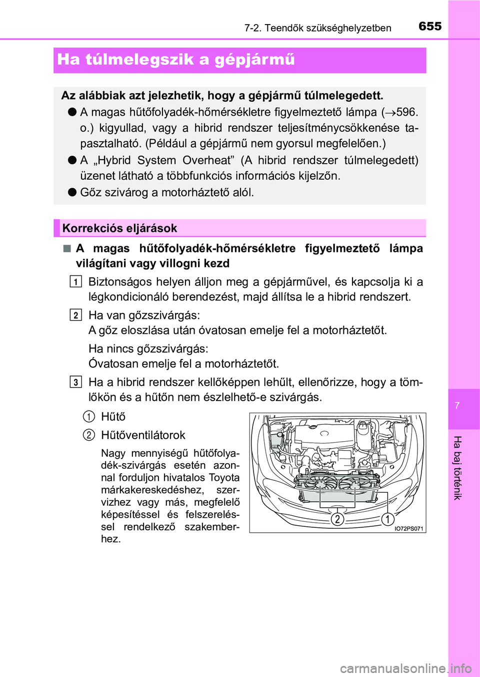 TOYOTA PRIUS 2017 Kezelési útmutató (in Hungarian) 6557-2. Teendők szükséghelyzetben
7
Ha baj történik
Ha túlmelegszik a gépjár mű
nA magas hűtőfolyadék-hőmérsékletre figyelmeztető lámpa
világítani vagy villogni kezdBiztonságos TOYOTA PRIUS 2017 Kezelési útmutató (in Hungarian) 6557-2. Teendők szükséghelyzetben
7
Ha baj történik
Ha túlmelegszik a gépjár mű
nA magas hűtőfolyadék-hőmérsékletre figyelmeztető lámpa
világítani vagy villogni kezdBiztonságos