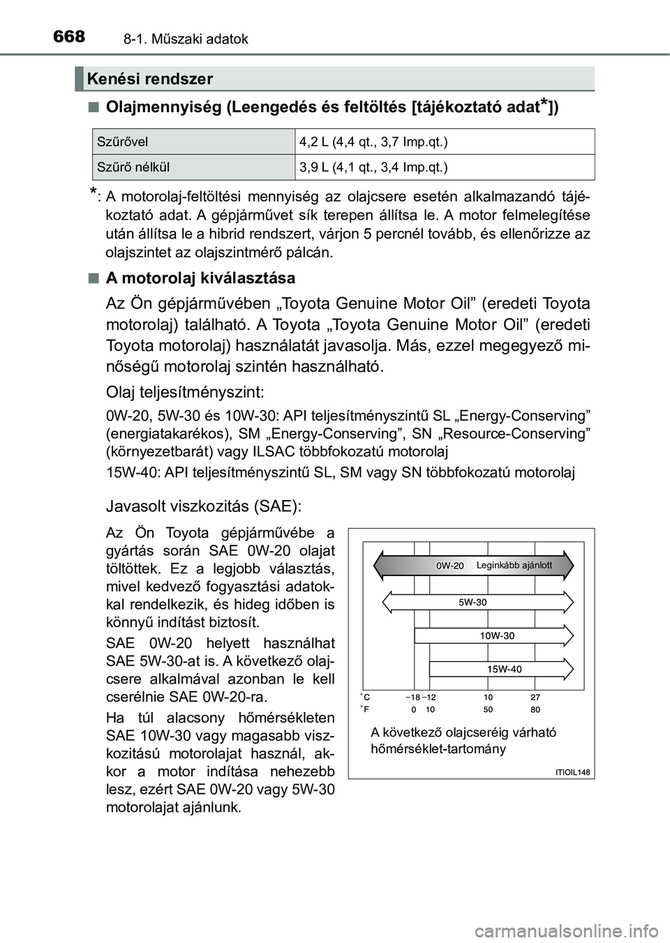 TOYOTA PRIUS 2017  Kezelési útmutató (in Hungarian) 6688-1. Műszaki adatok
nOlajmennyiség (Leengedés és feltöltés [tájékoztató adat*])
*: A  motorolaj-feltöltési  mennyiség  az  olajcsere  esetén  alkalmaza ndó  tájé-
koztató  adat. A 