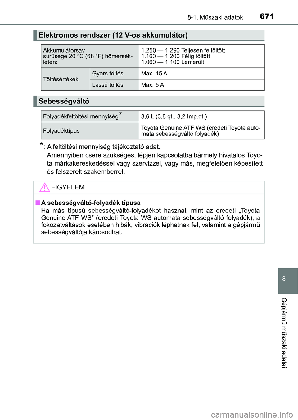TOYOTA PRIUS 2017  Kezelési útmutató (in Hungarian) 6718-1. Műszaki adatok
8
Gépjármű műszaki adatai
*: A feltöltési mennyiség tájékoztató adat.Amennyiben csere szükséges, lépjen kapcsolatba bármely hivatalo s Toyo-
ta márkakereskedéss