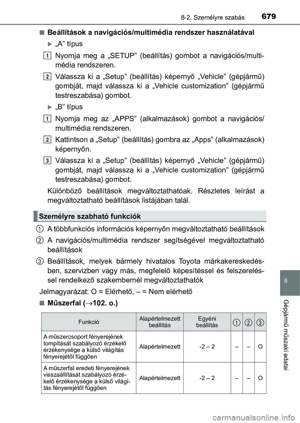 TOYOTA PRIUS 2017  Kezelési útmutató (in Hungarian) 6798-2. Személyre szabás
8
Gépjármű műszaki adatai
nBeállítások a navigációs/multimédia rendszer használatával
„A” típus
Nyomja meg a „SETUP” (beállítá s)  gombot  a  navi