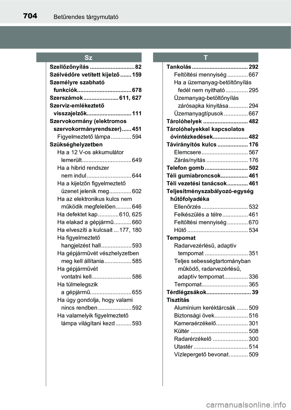 TOYOTA PRIUS 2017  Kezelési útmutató (in Hungarian) 704Betűrendes tárgymutató
Szellőzőnyílás ............................ 82
Szélvédőre vetített kijelző ....... 159
Személyre szabható funkciók.................................. 678
Szersz