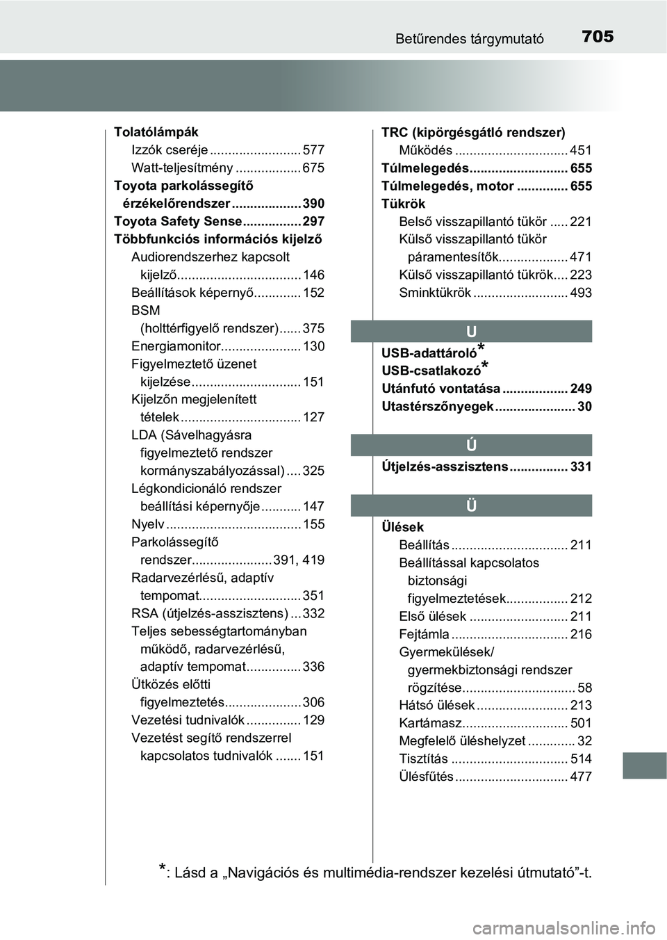 TOYOTA PRIUS 2017  Kezelési útmutató (in Hungarian) 705Betűrendes tárgymutató
TolatólámpákIzzók cseréje ......................... 577
Watt-teljesítmény .................. 675
Toyota parkolássegítő 
érzékelőrendszer ................... 3