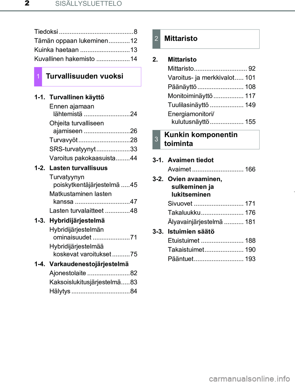 TOYOTA PRIUS 2017  Omistajan Käsikirja (in Finnish) SISÄLLYSLUETTELO2
OM47B56FITiedoksi ..........................................8
Tämän oppaan lukeminen ............12
Kuinka haetaan ............................13
Kuvallinen hakemisto ............