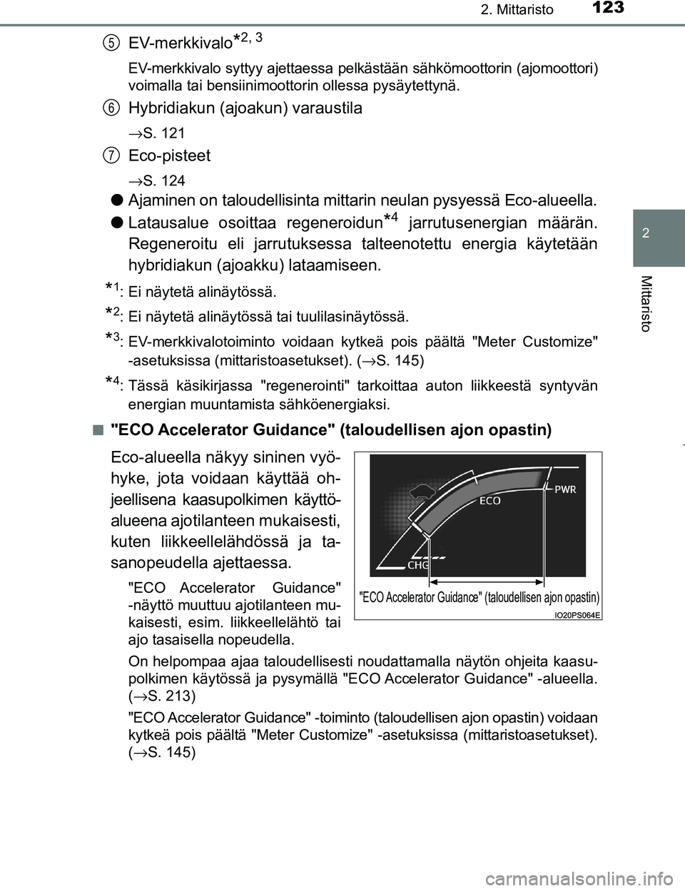 TOYOTA PRIUS 2017 Omistajan Käsikirja (in Finnish) 1232. Mittaristo
2
Mittaristo
OM47B56FI
EV-merkkivalo*2, 3
EV-merkkivalo syttyy ajettaessa pelkästään sähkömoottorin (ajomoottori)
voimalla tai bensiinimoottorin ollessa pysäytettynä.
Hybridiak TOYOTA PRIUS 2017 Omistajan Käsikirja (in Finnish) 1232. Mittaristo
2
Mittaristo
OM47B56FI
EV-merkkivalo*2, 3
EV-merkkivalo syttyy ajettaessa pelkästään sähkömoottorin (ajomoottori)
voimalla tai bensiinimoottorin ollessa pysäytettynä.
Hybridiak