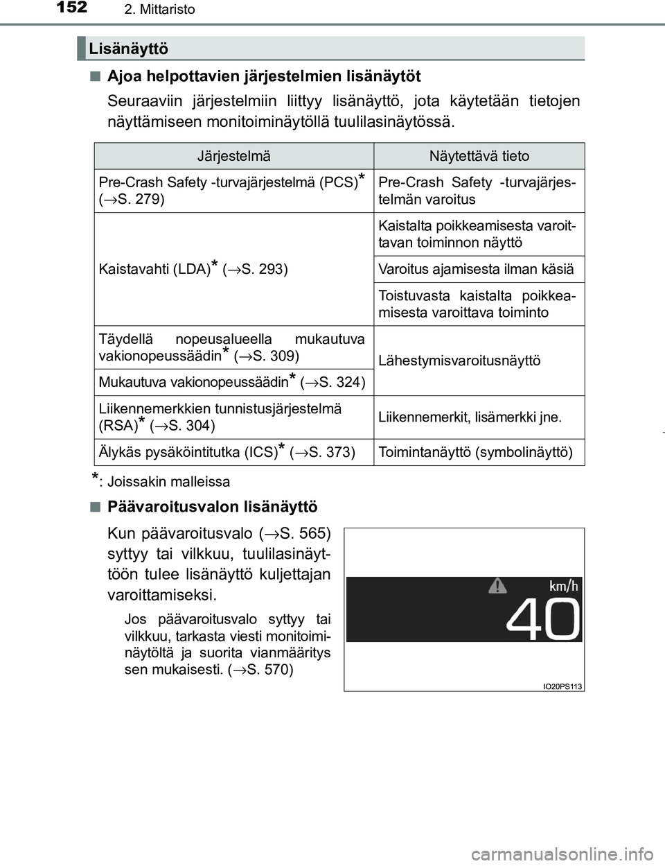 TOYOTA PRIUS 2017  Omistajan Käsikirja (in Finnish) 1522. Mittaristo
OM47B56FIn
Ajoa helpottavien järjestelmien lisänäytöt
Seuraaviin järjestelmiin liittyy lis
änäyttö, jota käytetään tietojen
näyttämiseen monitoiminäy töllä tuulilasin
