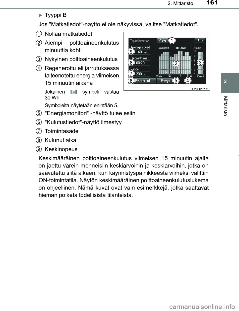 TOYOTA PRIUS 2017  Omistajan Käsikirja (in Finnish) 1612. Mittaristo
2
Mittaristo
OM47B56FI
Ty y p p i  B
Jos "Matkatiedot"-näyttö ei ole  näkyvissä, valitse "Matkatiedot".
Nollaa matkatiedot
Aiempi polttoaineenkulutus
minuuttia kohti
Nykyinen p