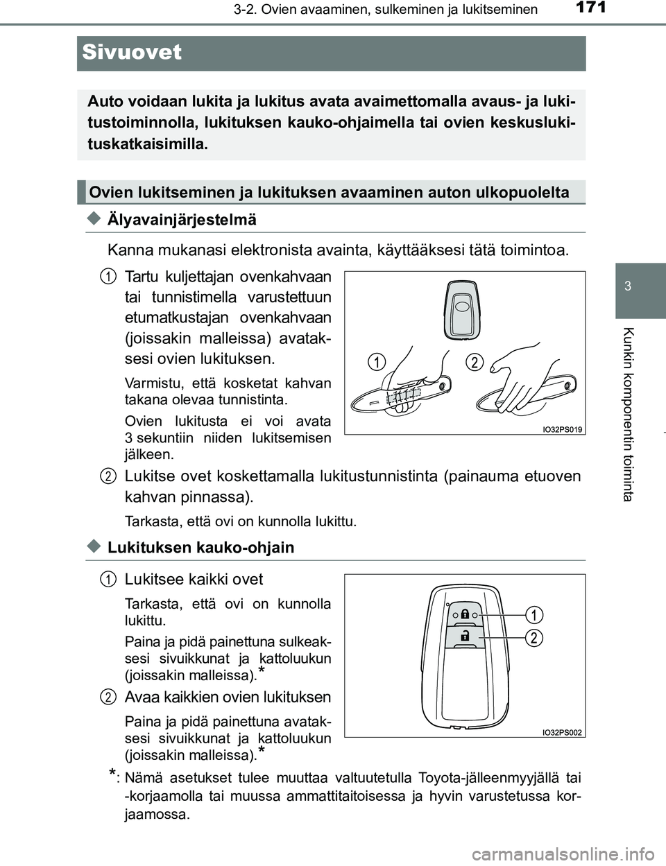 TOYOTA PRIUS 2017 Omistajan Käsikirja (in Finnish) 171
3
3-2. Ovien avaaminen, sulkeminen ja lukitseminen
Kunkin komponentin toiminta
OM47B56FI
Sivuovet
uÄlyavainjärjestelmä
Kanna mukanasi elektronista avainta, käyttääksesi tätä toimintoa.
Tar TOYOTA PRIUS 2017 Omistajan Käsikirja (in Finnish) 171
3
3-2. Ovien avaaminen, sulkeminen ja lukitseminen
Kunkin komponentin toiminta
OM47B56FI
Sivuovet
uÄlyavainjärjestelmä
Kanna mukanasi elektronista avainta, käyttääksesi tätä toimintoa.
Tar