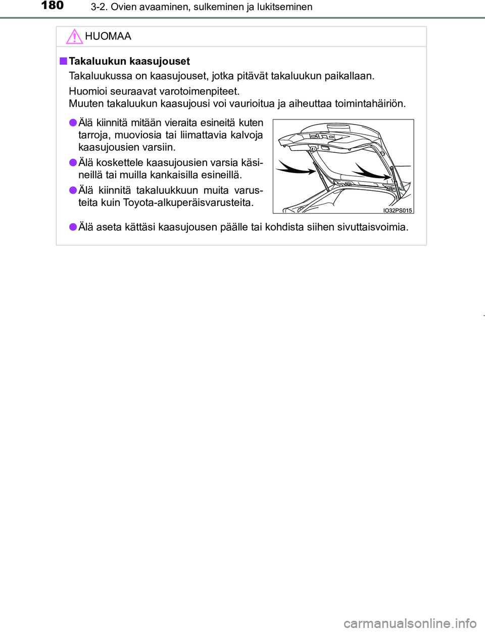 TOYOTA PRIUS 2017 Omistajan Käsikirja (in Finnish) 1803-2. Ovien avaaminen, sulkeminen ja lukitseminen
OM47B56FI
HUOMAA
nTakaluukun kaasujouset
Takaluukussa on kaasujouset, jotka pitävät takaluukun paikallaan.
Huomioi seuraavat varotoimenpiteet.
Muu TOYOTA PRIUS 2017 Omistajan Käsikirja (in Finnish) 1803-2. Ovien avaaminen, sulkeminen ja lukitseminen
OM47B56FI
HUOMAA
nTakaluukun kaasujouset
Takaluukussa on kaasujouset, jotka pitävät takaluukun paikallaan.
Huomioi seuraavat varotoimenpiteet.
Muu