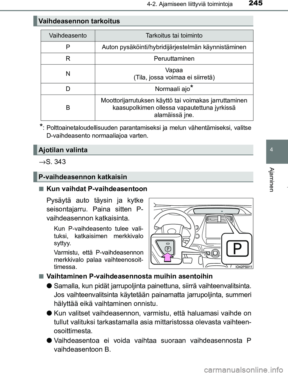 TOYOTA PRIUS 2017 Omistajan Käsikirja (in Finnish) 2454-2. Ajamiseen liittyviä toimintoja
4
Ajaminen
OM47B56FI
*: Polttoainetaloudellisuuden parantamiseksi ja melun vähentämiseksi, valitseD-vaihdeasento normaaliajoa varten.
→ S. 343
nKun vaihdat TOYOTA PRIUS 2017 Omistajan Käsikirja (in Finnish) 2454-2. Ajamiseen liittyviä toimintoja
4
Ajaminen
OM47B56FI
*: Polttoainetaloudellisuuden parantamiseksi ja melun vähentämiseksi, valitseD-vaihdeasento normaaliajoa varten.
→ S. 343
nKun vaihdat