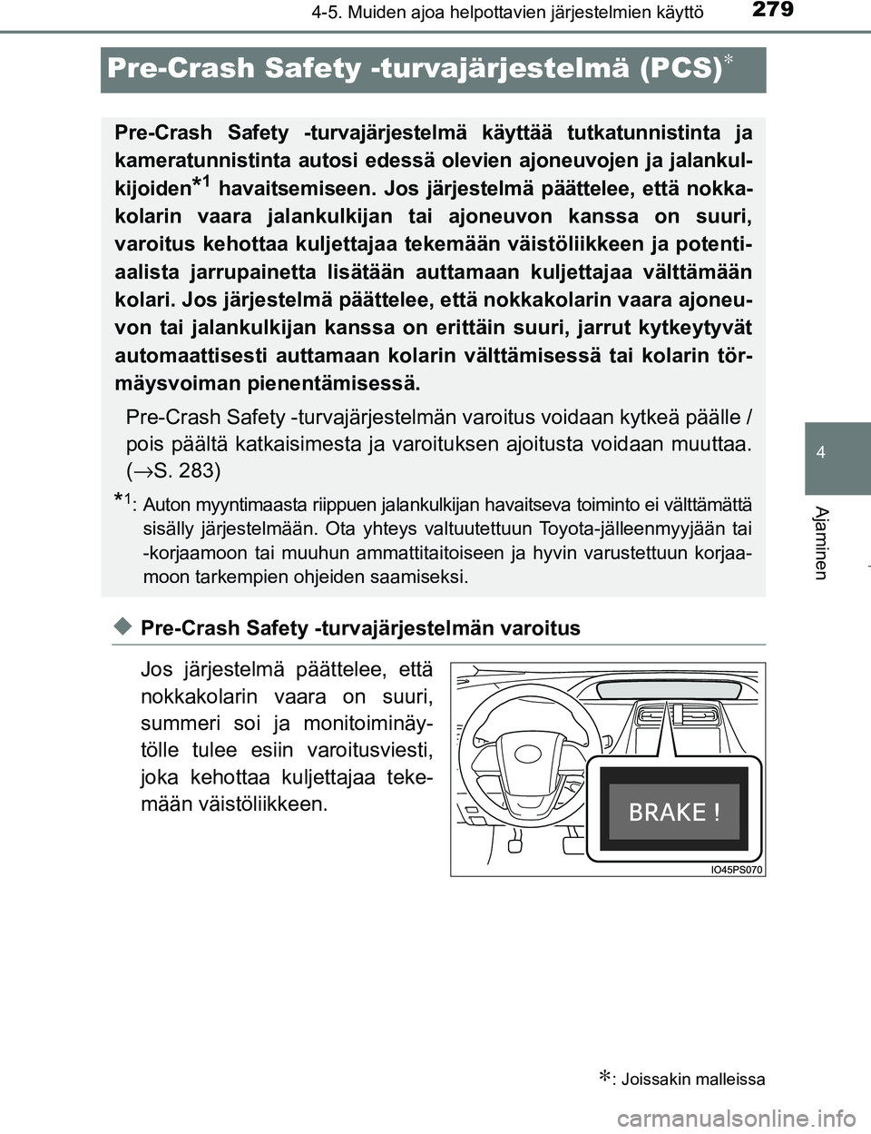 TOYOTA PRIUS 2017 Omistajan Käsikirja (in Finnish) 279
4
4-5. Muiden ajoa helpottavien järjestelmien käyttö
Ajaminen
OM47B56FI
Pre-Crash Safety -turvajärjestelmä (PCS)∗
uPre-Crash Safety -turvajärjestelmän varoitus
Jos järjestelmä päättel TOYOTA PRIUS 2017 Omistajan Käsikirja (in Finnish) 279
4
4-5. Muiden ajoa helpottavien järjestelmien käyttö
Ajaminen
OM47B56FI
Pre-Crash Safety -turvajärjestelmä (PCS)∗
uPre-Crash Safety -turvajärjestelmän varoitus
Jos järjestelmä päättel