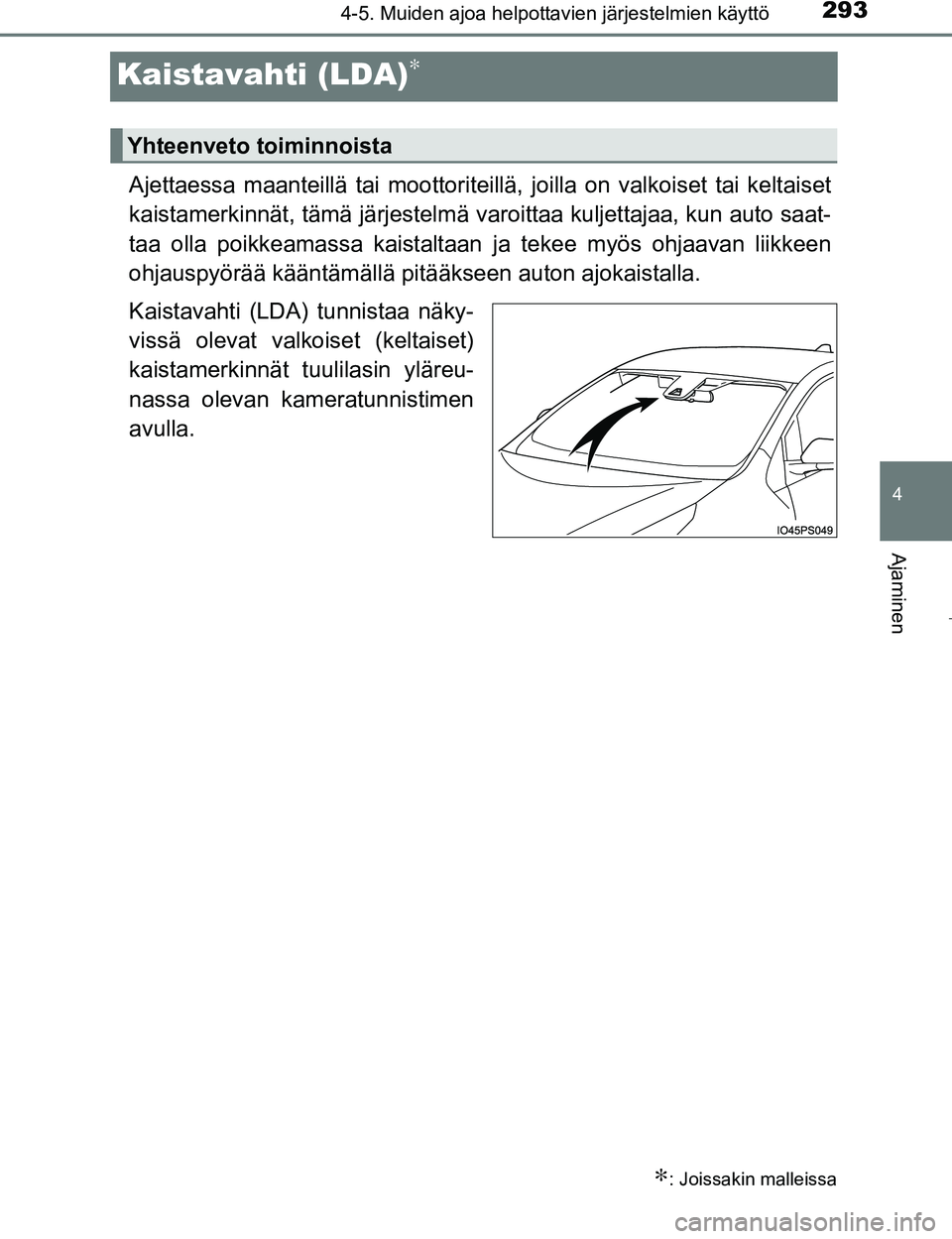 TOYOTA PRIUS 2017 Omistajan Käsikirja (in Finnish) 293
4
4-5. Muiden ajoa helpottavien järjestelmien käyttö
Ajaminen
OM47B56FI
Kaistavahti (LDA)∗
Ajettaessa maanteillä tai moottoriteillä, joilla on valkoiset tai keltaiset
kaistamerkinnät, täm TOYOTA PRIUS 2017 Omistajan Käsikirja (in Finnish) 293
4
4-5. Muiden ajoa helpottavien järjestelmien käyttö
Ajaminen
OM47B56FI
Kaistavahti (LDA)∗
Ajettaessa maanteillä tai moottoriteillä, joilla on valkoiset tai keltaiset
kaistamerkinnät, täm