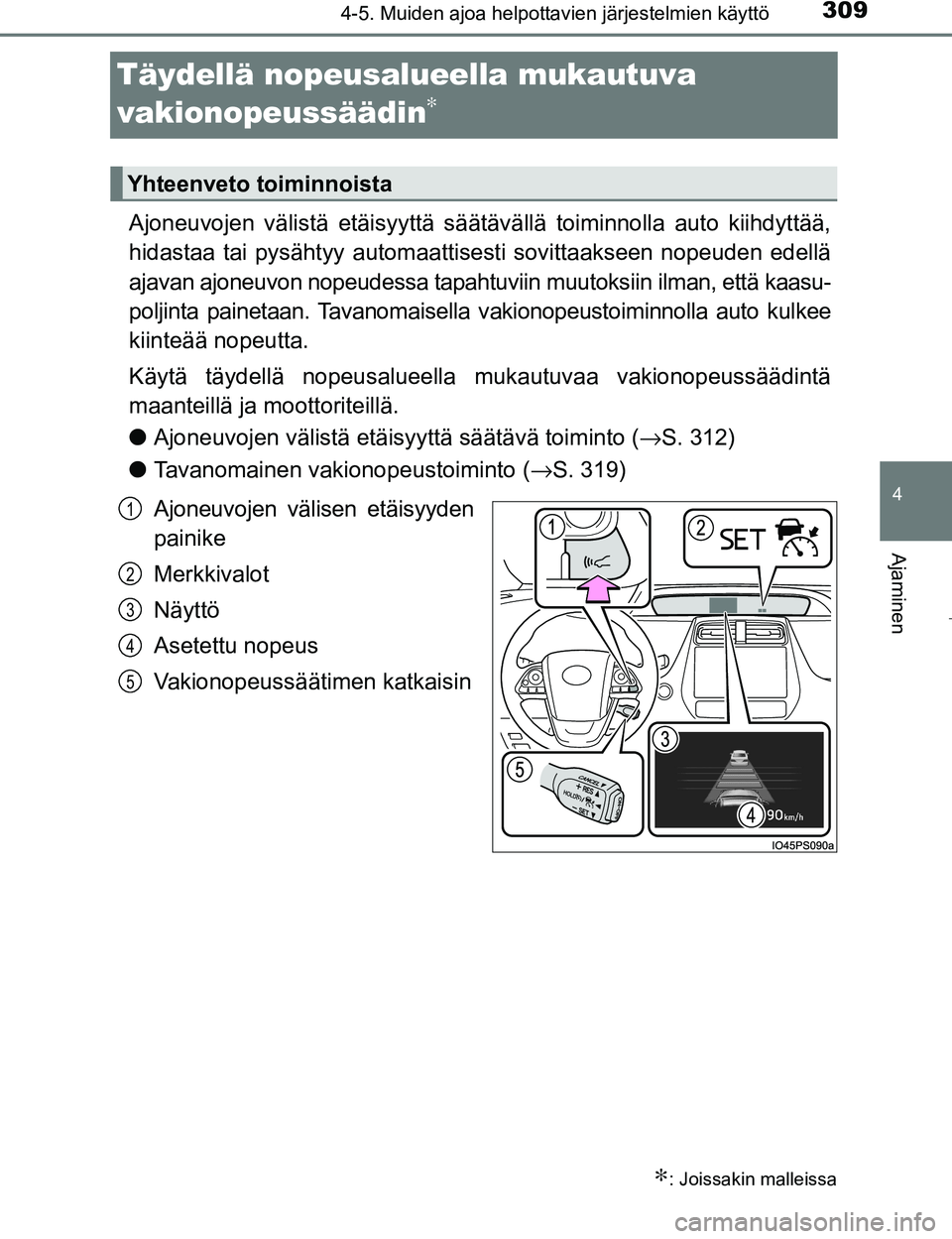 TOYOTA PRIUS 2017 Omistajan Käsikirja (in Finnish) 309
4
4-5. Muiden ajoa helpottavien järjestelmien käyttö
Ajaminen
OM47B56FI
Täydellä nopeusalueella mukautuva
vakionopeussäädin∗
Ajoneuvojen välistä etäisyyttä säätävällä toiminnoll TOYOTA PRIUS 2017 Omistajan Käsikirja (in Finnish) 309
4
4-5. Muiden ajoa helpottavien järjestelmien käyttö
Ajaminen
OM47B56FI
Täydellä nopeusalueella mukautuva
vakionopeussäädin∗
Ajoneuvojen välistä etäisyyttä säätävällä toiminnoll