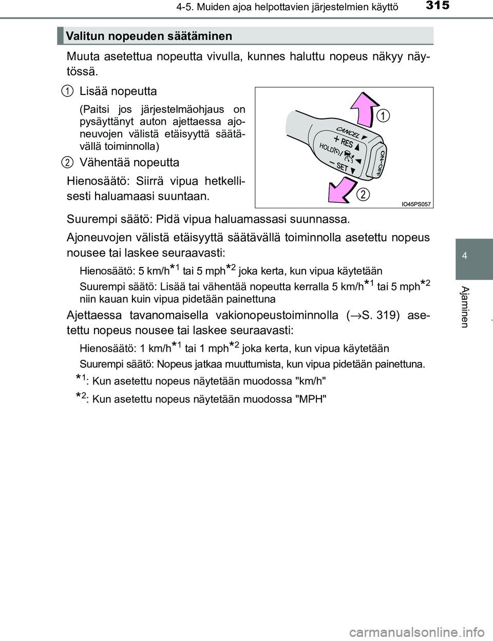 TOYOTA PRIUS 2017 Omistajan Käsikirja (in Finnish) 3154-5. Muiden ajoa helpottavien järjestelmien käyttö
4
Ajaminen
OM47B56FI
Muuta asetettua nopeutta vivulla, kunnes haluttu nopeus näkyy näy-
tössä.
Lisää nopeutta
(Paitsi jos järjestelmäoh TOYOTA PRIUS 2017 Omistajan Käsikirja (in Finnish) 3154-5. Muiden ajoa helpottavien järjestelmien käyttö
4
Ajaminen
OM47B56FI
Muuta asetettua nopeutta vivulla, kunnes haluttu nopeus näkyy näy-
tössä.
Lisää nopeutta
(Paitsi jos järjestelmäoh