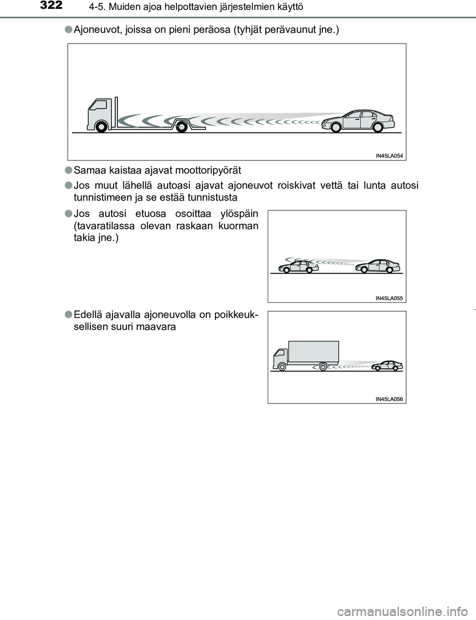 TOYOTA PRIUS 2017 Omistajan Käsikirja (in Finnish) 3224-5. Muiden ajoa helpottavien järjestelmien käyttö
OM47B56FIl
Ajoneuvot, joissa on pieni peräosa (tyhjät perävaunut jne.)
l Samaa kaistaa ajavat moottoripyörät
l Jos muut lähellä autoasi TOYOTA PRIUS 2017 Omistajan Käsikirja (in Finnish) 3224-5. Muiden ajoa helpottavien järjestelmien käyttö
OM47B56FIl
Ajoneuvot, joissa on pieni peräosa (tyhjät perävaunut jne.)
l Samaa kaistaa ajavat moottoripyörät
l Jos muut lähellä autoasi