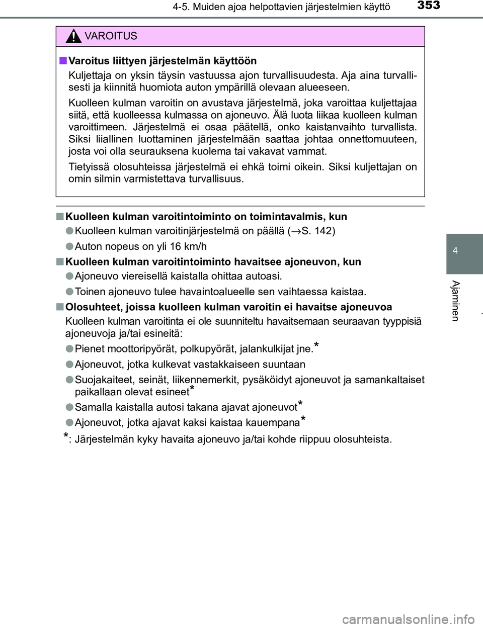 TOYOTA PRIUS 2017 Omistajan Käsikirja (in Finnish) 3534-5. Muiden ajoa helpottavien järjestelmien käyttö
4
Ajaminen
OM47B56FI
nKuolleen kulman varoitintoiminto on toimintavalmis, kun
lKuolleen kulman varoitinjärjestelmä on päällä ( →S. 142)
TOYOTA PRIUS 2017 Omistajan Käsikirja (in Finnish) 3534-5. Muiden ajoa helpottavien järjestelmien käyttö
4
Ajaminen
OM47B56FI
nKuolleen kulman varoitintoiminto on toimintavalmis, kun
lKuolleen kulman varoitinjärjestelmä on päällä ( →S. 142)