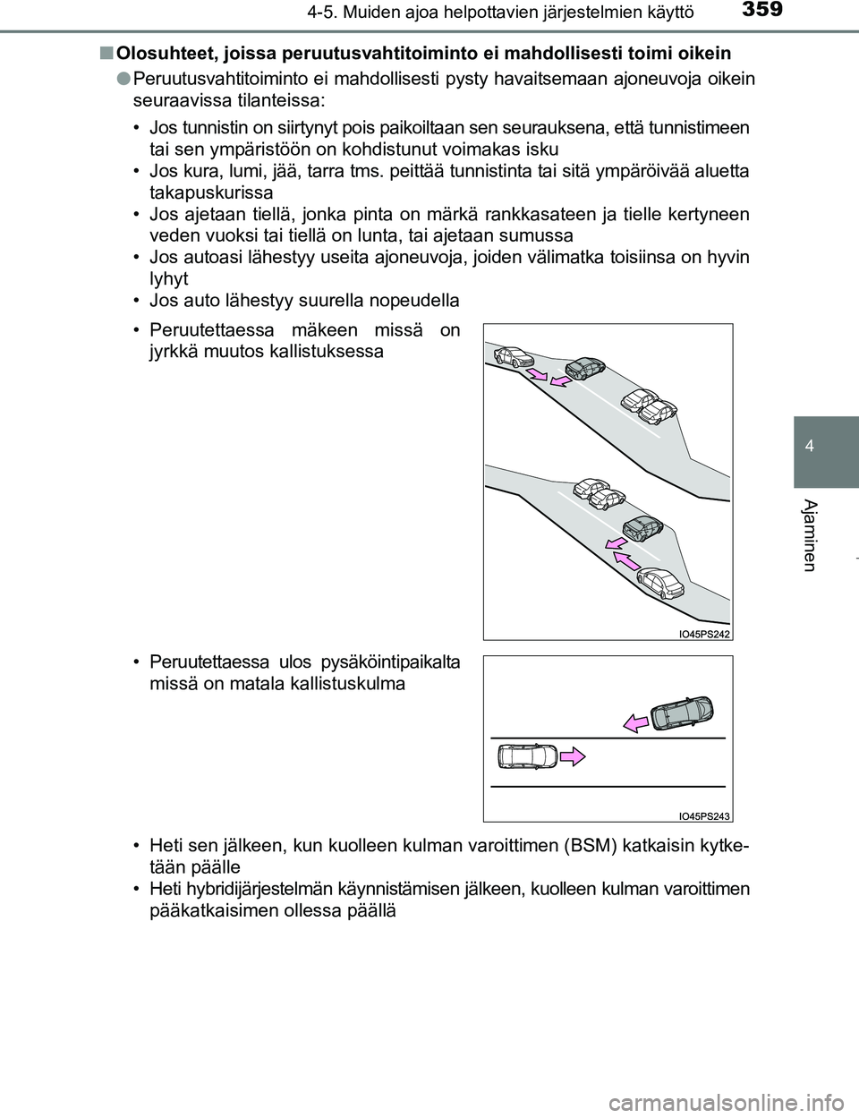 TOYOTA PRIUS 2017 Omistajan Käsikirja (in Finnish) 3594-5. Muiden ajoa helpottavien järjestelmien käyttö
4
Ajaminen
OM47B56FIn
Olosuhteet, joissa peruutusvahtitoimi nto ei mahdollisesti toimi oikein
l Peruutusvahtitoiminto ei mahdollisesti pysty h TOYOTA PRIUS 2017 Omistajan Käsikirja (in Finnish) 3594-5. Muiden ajoa helpottavien järjestelmien käyttö
4
Ajaminen
OM47B56FIn
Olosuhteet, joissa peruutusvahtitoimi nto ei mahdollisesti toimi oikein
l Peruutusvahtitoiminto ei mahdollisesti pysty h