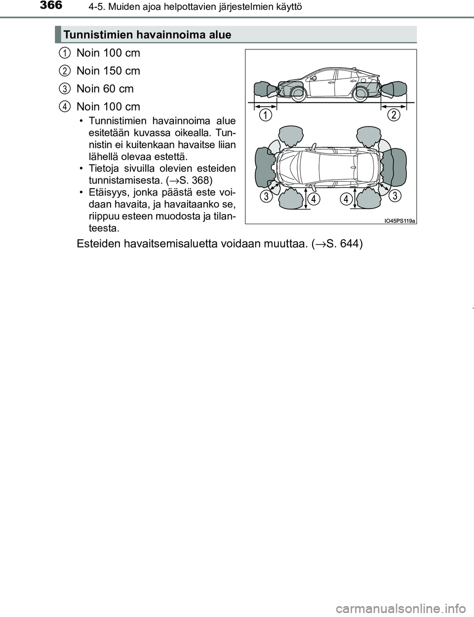 TOYOTA PRIUS 2017 Omistajan Käsikirja (in Finnish) 3664-5. Muiden ajoa helpottavien järjestelmien käyttö
OM47B56FI
Noin 100 cm
Noin 150 cm
Noin 60 cm
Noin 100 cm
• Tunnistimien havainnoima alueesitetään kuvassa oikealla. Tun-
nistin ei kuitenka TOYOTA PRIUS 2017 Omistajan Käsikirja (in Finnish) 3664-5. Muiden ajoa helpottavien järjestelmien käyttö
OM47B56FI
Noin 100 cm
Noin 150 cm
Noin 60 cm
Noin 100 cm
• Tunnistimien havainnoima alueesitetään kuvassa oikealla. Tun-
nistin ei kuitenka