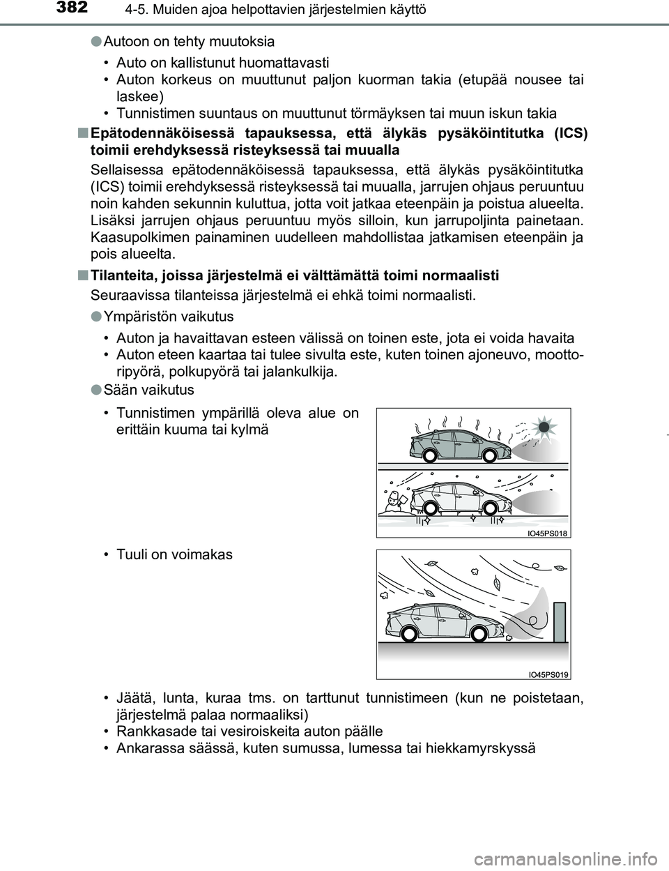 TOYOTA PRIUS 2017 Omistajan Käsikirja (in Finnish) 3824-5. Muiden ajoa helpottavien järjestelmien käyttö
OM47B56FIl
Autoon on tehty muutoksia
• Auto on kallistunut huomattavasti
• Auton korkeus on muuttunut paljon kuorman takia (etupää nousee TOYOTA PRIUS 2017 Omistajan Käsikirja (in Finnish) 3824-5. Muiden ajoa helpottavien järjestelmien käyttö
OM47B56FIl
Autoon on tehty muutoksia
• Auto on kallistunut huomattavasti
• Auton korkeus on muuttunut paljon kuorman takia (etupää nousee