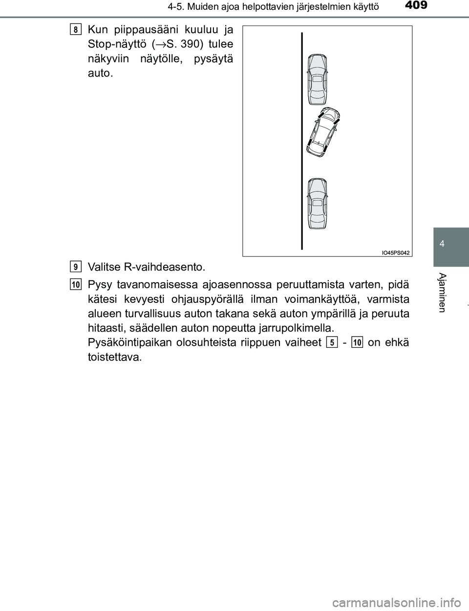 TOYOTA PRIUS 2017 Omistajan Käsikirja (in Finnish) 4094-5. Muiden ajoa helpottavien järjestelmien käyttö
4
Ajaminen
OM47B56FI
Kun piippausääni kuuluu ja
Stop-näyttö (→S. 390) tulee
näkyviin näytölle, pysäytä
auto.
Valitse R-vaihdeasento. TOYOTA PRIUS 2017 Omistajan Käsikirja (in Finnish) 4094-5. Muiden ajoa helpottavien järjestelmien käyttö
4
Ajaminen
OM47B56FI
Kun piippausääni kuuluu ja
Stop-näyttö (→S. 390) tulee
näkyviin näytölle, pysäytä
auto.
Valitse R-vaihdeasento.