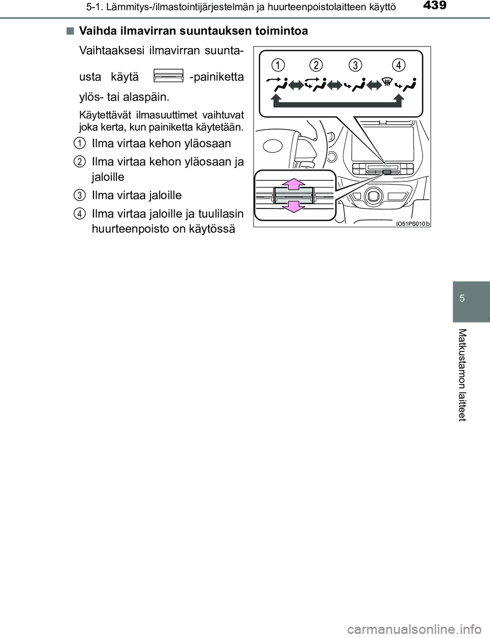 TOYOTA PRIUS 2017 Omistajan Käsikirja (in Finnish) 4395-1. Lämmitys-/ilmastointijärjestelmän ja huurteenpoistolaitteen käyttö
OM47B56FI
5
Matkustamon laitteet
nVaihda ilmavirran suuntauksen toimintoa
Vaihtaaksesi ilmavirran suunta-
usta käytä TOYOTA PRIUS 2017 Omistajan Käsikirja (in Finnish) 4395-1. Lämmitys-/ilmastointijärjestelmän ja huurteenpoistolaitteen käyttö
OM47B56FI
5
Matkustamon laitteet
nVaihda ilmavirran suuntauksen toimintoa
Vaihtaaksesi ilmavirran suunta-
usta käytä