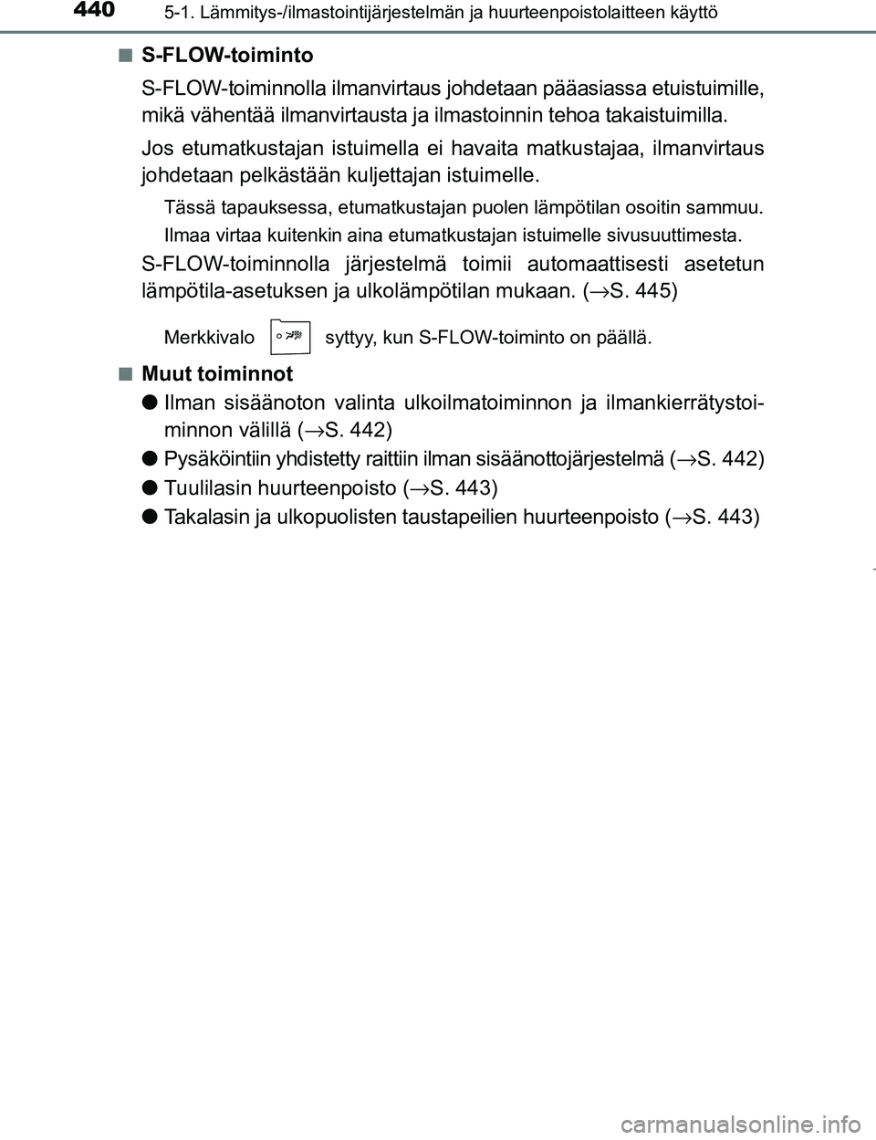 TOYOTA PRIUS 2017 Omistajan Käsikirja (in Finnish) 4405-1. Lämmitys-/ilmastointijärjestelmän ja huurteenpoistolaitteen käyttö
OM47B56FIn
S-FLOW-toiminto
S-FLOW-toiminnolla ilmanvirtaus johdetaan pääasiassa etuistuimille,
mikä vähentää ilman TOYOTA PRIUS 2017 Omistajan Käsikirja (in Finnish) 4405-1. Lämmitys-/ilmastointijärjestelmän ja huurteenpoistolaitteen käyttö
OM47B56FIn
S-FLOW-toiminto
S-FLOW-toiminnolla ilmanvirtaus johdetaan pääasiassa etuistuimille,
mikä vähentää ilman