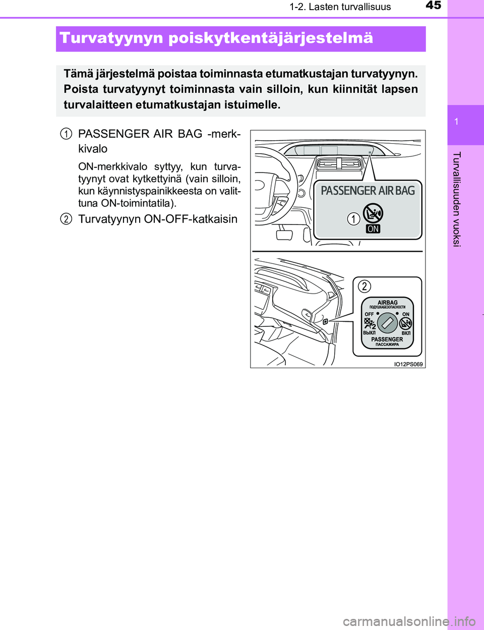 TOYOTA PRIUS 2017 Omistajan Käsikirja (in Finnish) 451-2. Lasten turvallisuus
1
Turvallisuuden vuoksi
OM47B56FI
Turvatyynyn poiskytkentäjärjestelmä
PASSENGER AIR BAG -merk-
kivalo
ON-merkkivalo syttyy, kun turva-
tyynyt ovat kytkettyinä (vain sill TOYOTA PRIUS 2017 Omistajan Käsikirja (in Finnish) 451-2. Lasten turvallisuus
1
Turvallisuuden vuoksi
OM47B56FI
Turvatyynyn poiskytkentäjärjestelmä
PASSENGER AIR BAG -merk-
kivalo
ON-merkkivalo syttyy, kun turva-
tyynyt ovat kytkettyinä (vain sill