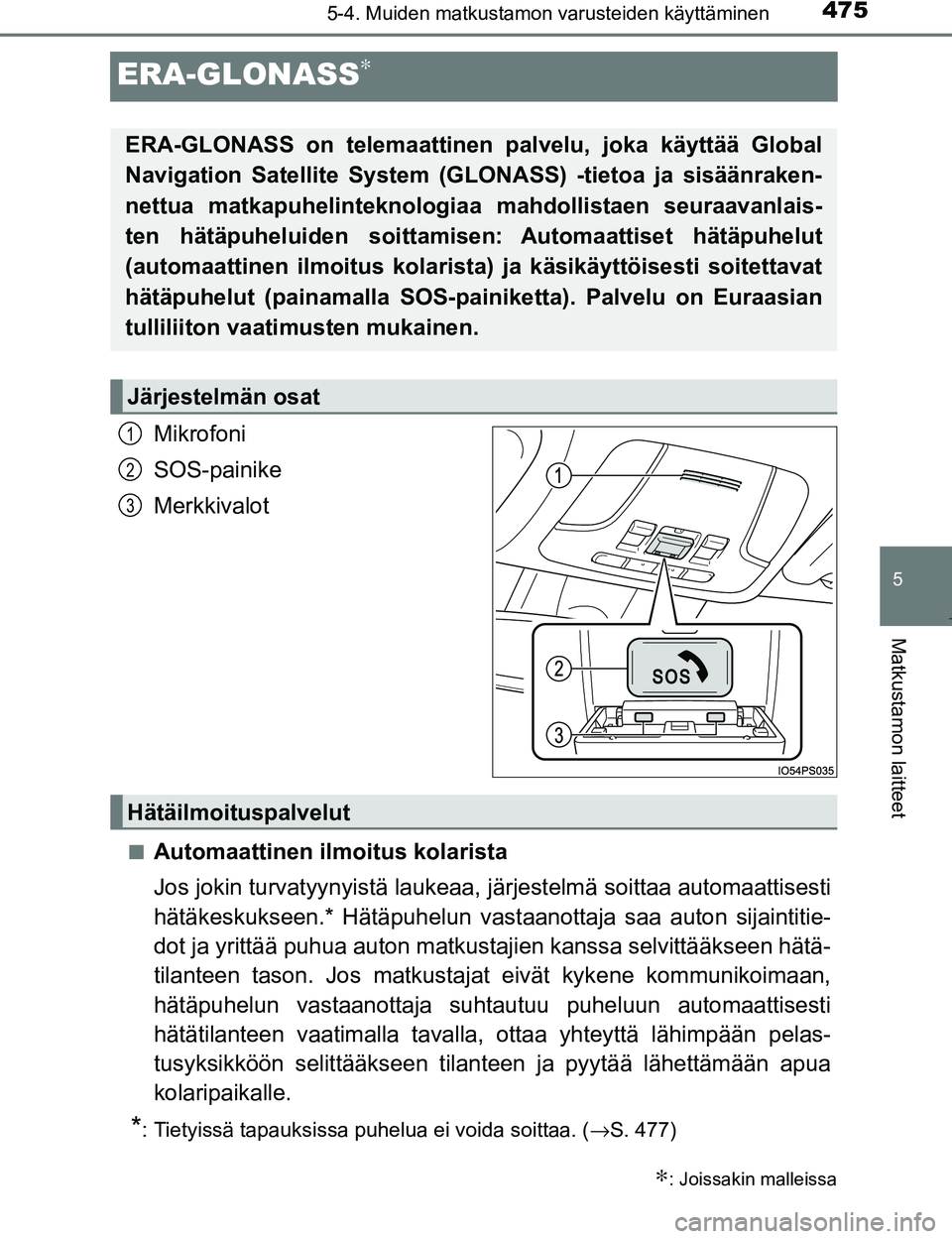 TOYOTA PRIUS 2017  Omistajan Käsikirja (in Finnish) 4755-4. Muiden matkustamon varusteiden käyttäminen
OM47B56FI
5
Matkustamon laitteet
ERA-GLONASS∗
Mikrofoni
SOS-painike
Merkkivalot
nAutomaattinen ilmoitus kolarista
Jos jokin turvatyynyistä lauke