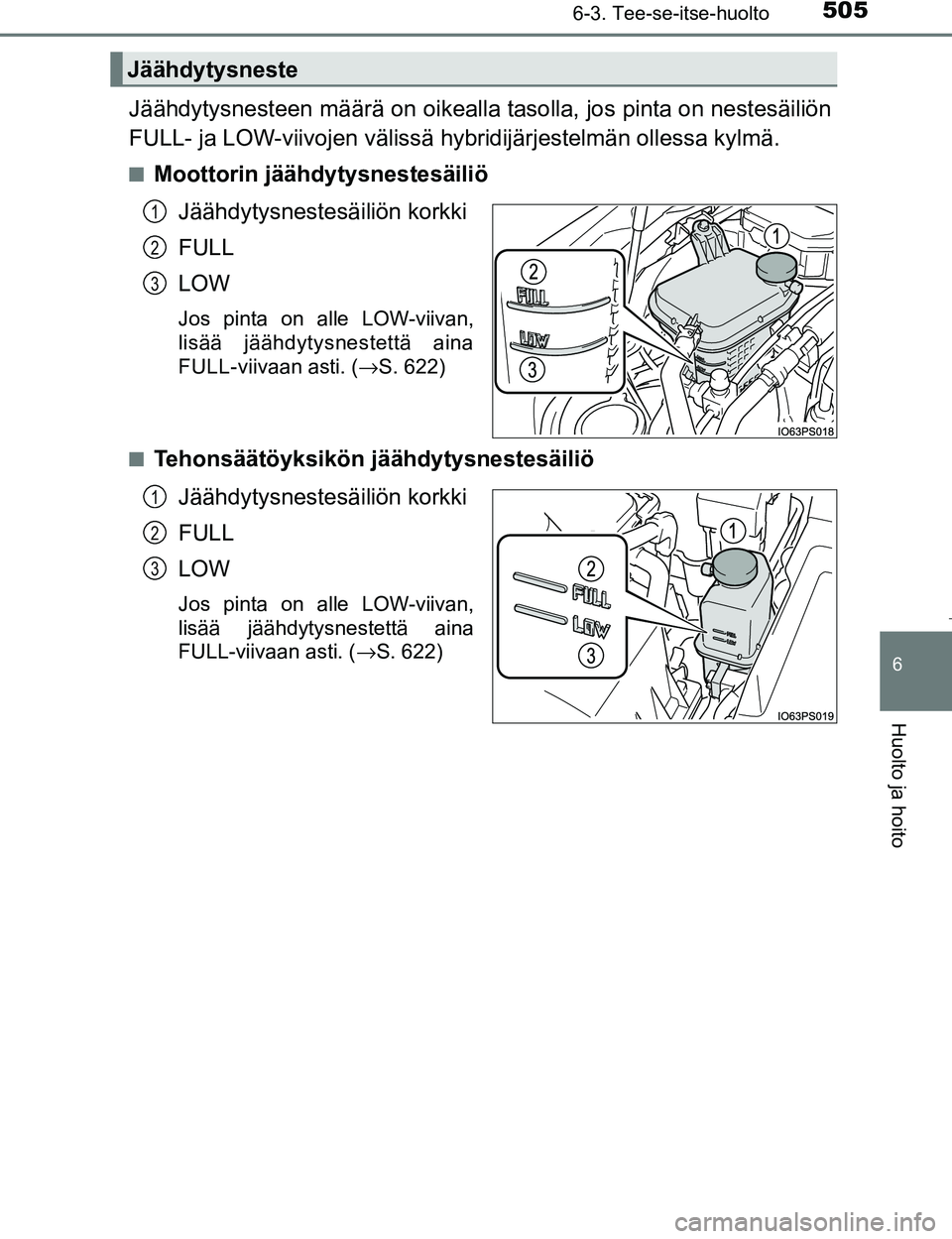TOYOTA PRIUS 2017 Omistajan Käsikirja (in Finnish) 5056-3. Tee-se-itse-huolto
OM47B56FI
6
Huolto ja hoito
Jäähdytysnesteen määrä on oikealla tasolla, jos pinta on nestesäiliön
FULL- ja LOW-viivojen välissä hybridijärjestelmän ollessa kylm TOYOTA PRIUS 2017 Omistajan Käsikirja (in Finnish) 5056-3. Tee-se-itse-huolto
OM47B56FI
6
Huolto ja hoito
Jäähdytysnesteen määrä on oikealla tasolla, jos pinta on nestesäiliön
FULL- ja LOW-viivojen välissä hybridijärjestelmän ollessa kylm