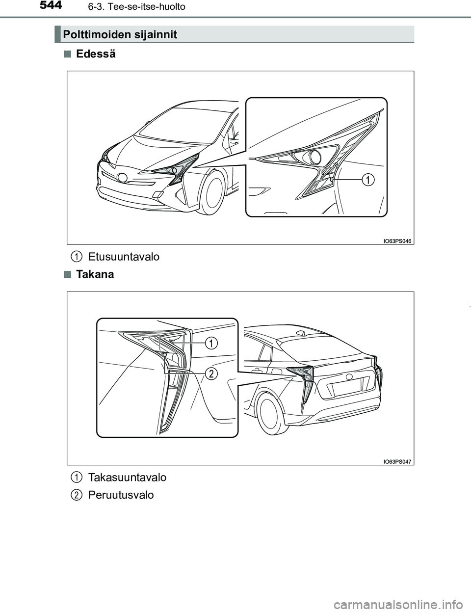 TOYOTA PRIUS 2017  Omistajan Käsikirja (in Finnish) 5446-3. Tee-se-itse-huolto
OM47B56FIn
Edessä
Etusuuntavalo
nTa k a n a
Takasuuntavalo
Peruutusvalo
Polttimoiden sijainnit
1
1
2
OM47B56FI.book  Page 544  M onday, March 6, 2017  3:43 PM 