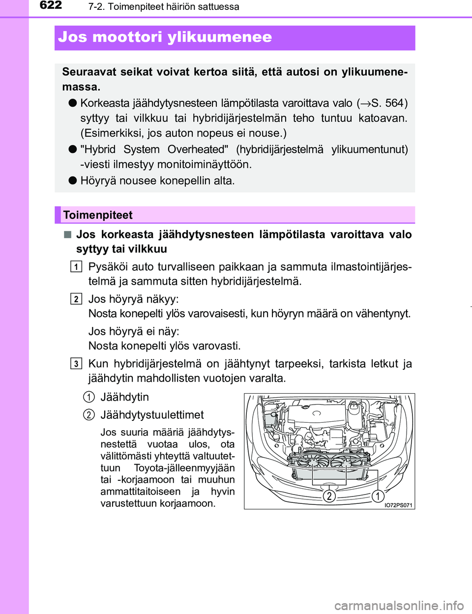 TOYOTA PRIUS 2017  Omistajan Käsikirja (in Finnish) 6227-2. Toimenpiteet häiriön sattuessa
OM47B56FI
Jos moottori ylikuumenee
nJos korkeasta jäähdytysnesteen lämpötilasta varoittava valo
syttyy tai vilkkuuPysäköi auto turvalliseen paikkaan  ja 