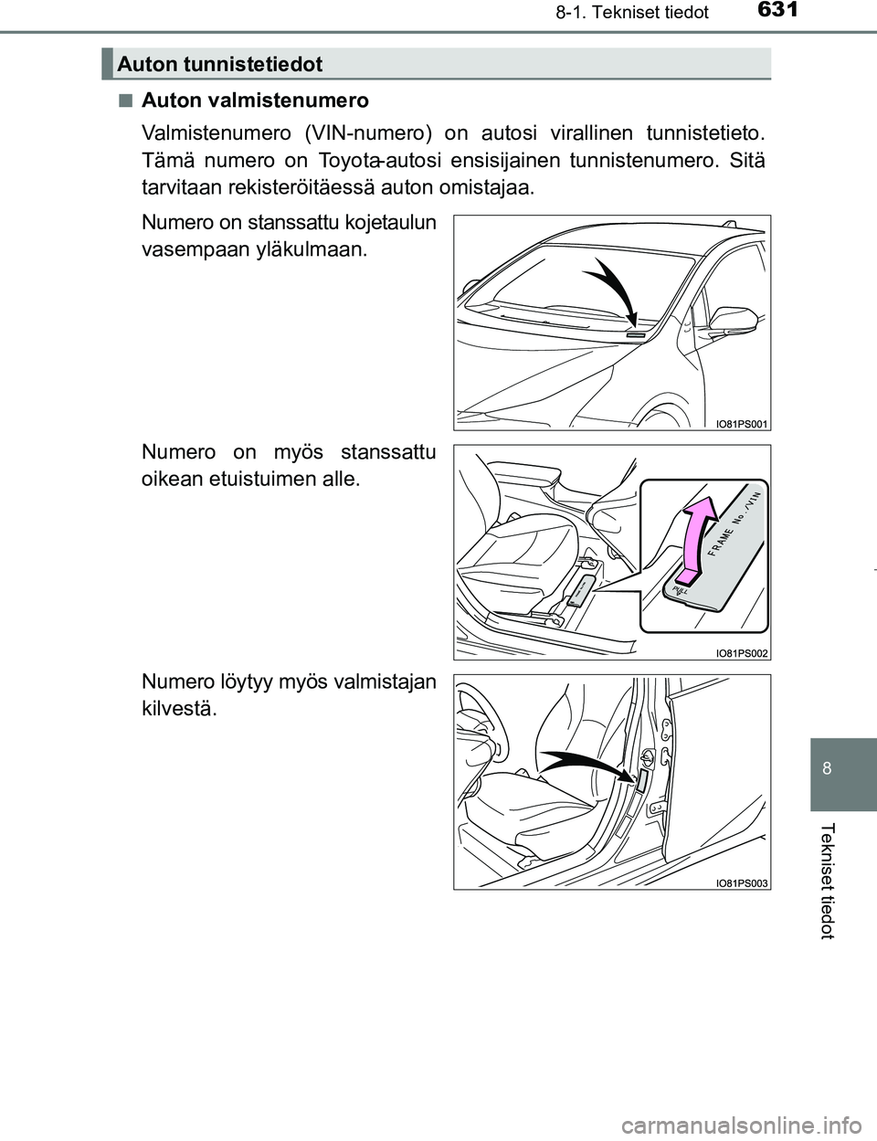 TOYOTA PRIUS 2017  Omistajan Käsikirja (in Finnish) 6318-1. Tekniset tiedot
OM47B56FI
8
Tekniset tiedot
nAuton valmistenumero
Valmistenumero (VIN-numero) on autosi virallinen tunnistetieto.
Tämä numero on  Toyota-autosi ensisijainen tunnistenumero. S
