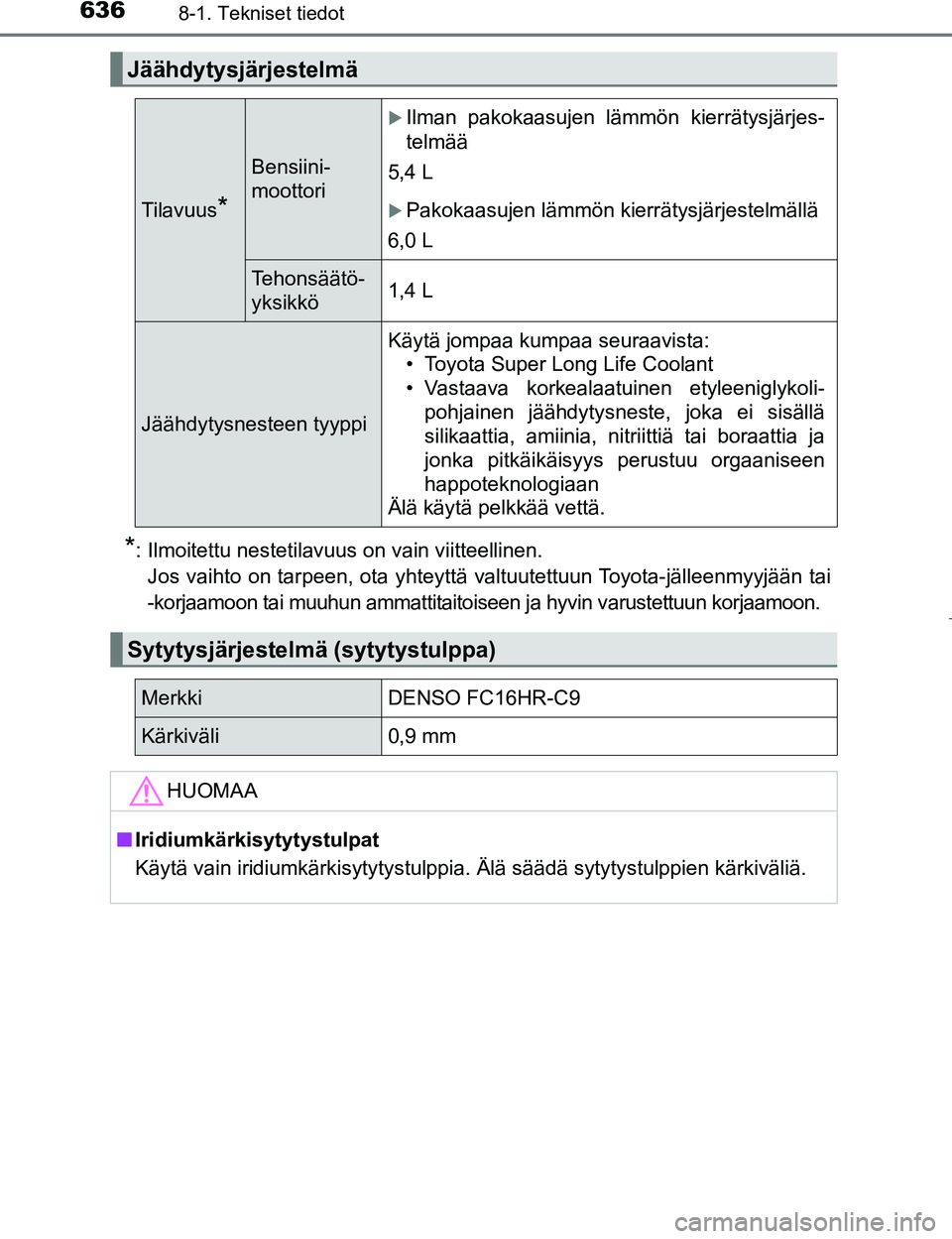 TOYOTA PRIUS 2017  Omistajan Käsikirja (in Finnish) 6368-1. Tekniset tiedot
OM47B56FI
*: Ilmoitettu nestetilavuus on vain viitteellinen.Jos vaihto on tarpeen, ota yhteyttä valtuutettuun Toyota-jälleenmyyjään tai
-korjaamoon tai muuhun ammattitaitoi