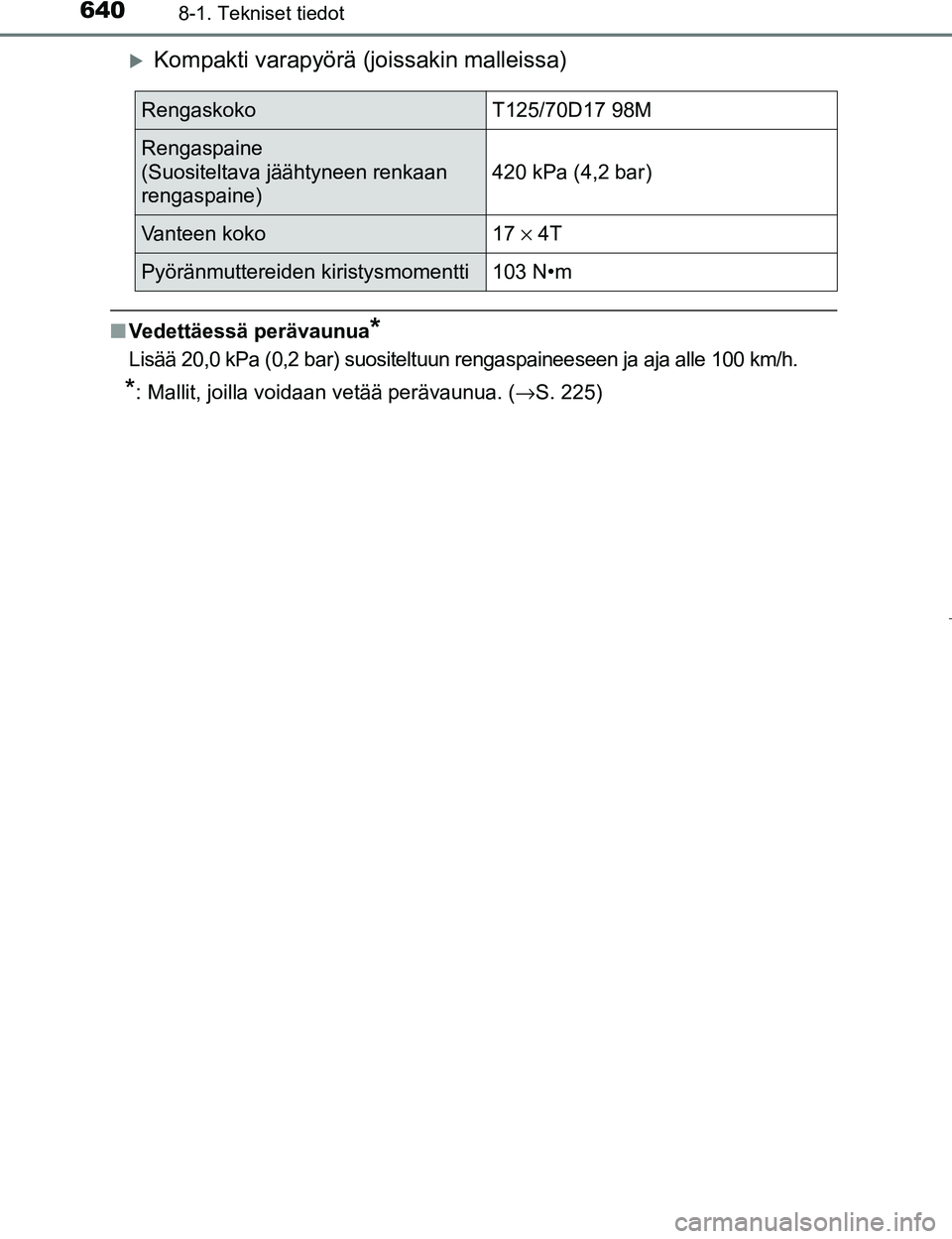 TOYOTA PRIUS 2017  Omistajan Käsikirja (in Finnish) 6408-1. Tekniset tiedot
OM47B56FI
Kompakti varapyörä (joissakin malleissa)
nVedettäessä perävaunua*
Lisää 20,0 kPa (0,2 bar) suositeltuun rengaspaineeseen ja aja alle 100 km/h.
*: Mallit, jo