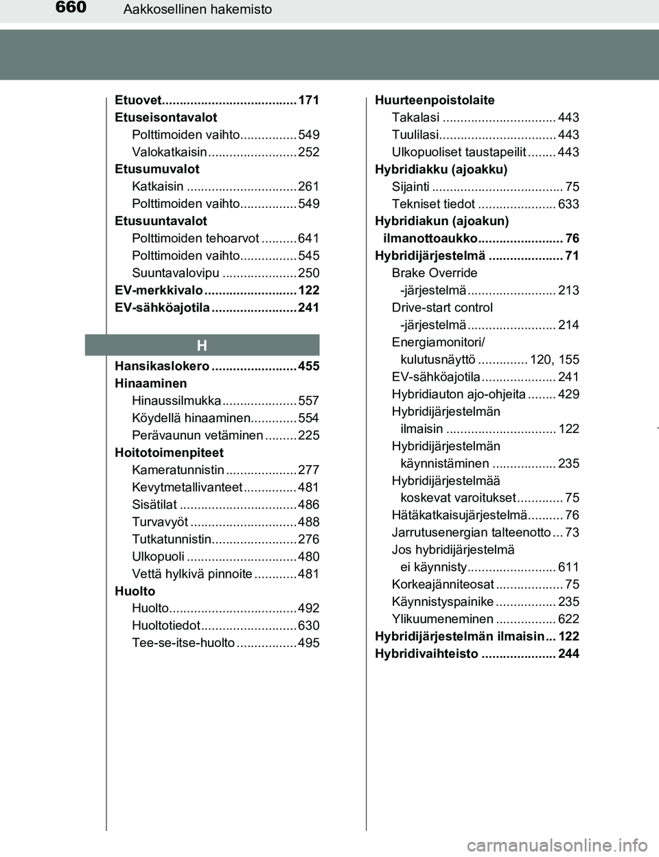 TOYOTA PRIUS 2017  Omistajan Käsikirja (in Finnish) 660Aakkosellinen hakemisto
OM47B56FI
Etuovet...................................... 171
EtuseisontavalotPolttimoiden vaihto................ 549
Valokatkaisin ......................... 252
Etusumuvalot
