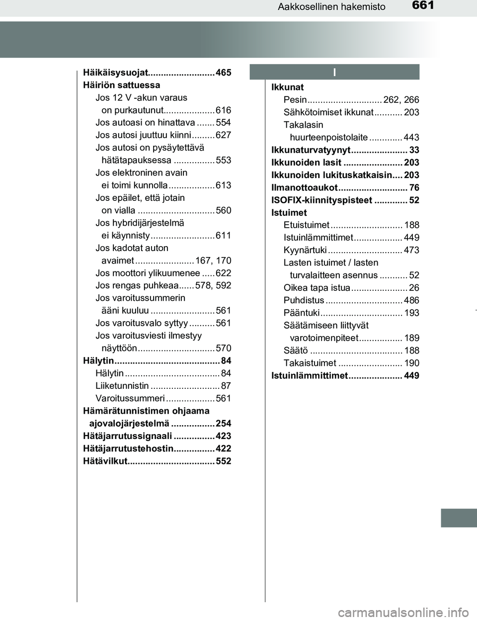 TOYOTA PRIUS 2017 Omistajan Käsikirja (in Finnish) 661Aakkosellinen hakemisto
OM47B56FI
Häikäisysuojat.......................... 465
Häiriön sattuessaJos 12 V -akun varaus on purkautunut.................... 616
Jos autoasi on hinattava ....... 554 TOYOTA PRIUS 2017 Omistajan Käsikirja (in Finnish) 661Aakkosellinen hakemisto
OM47B56FI
Häikäisysuojat.......................... 465
Häiriön sattuessaJos 12 V -akun varaus on purkautunut.................... 616
Jos autoasi on hinattava ....... 554