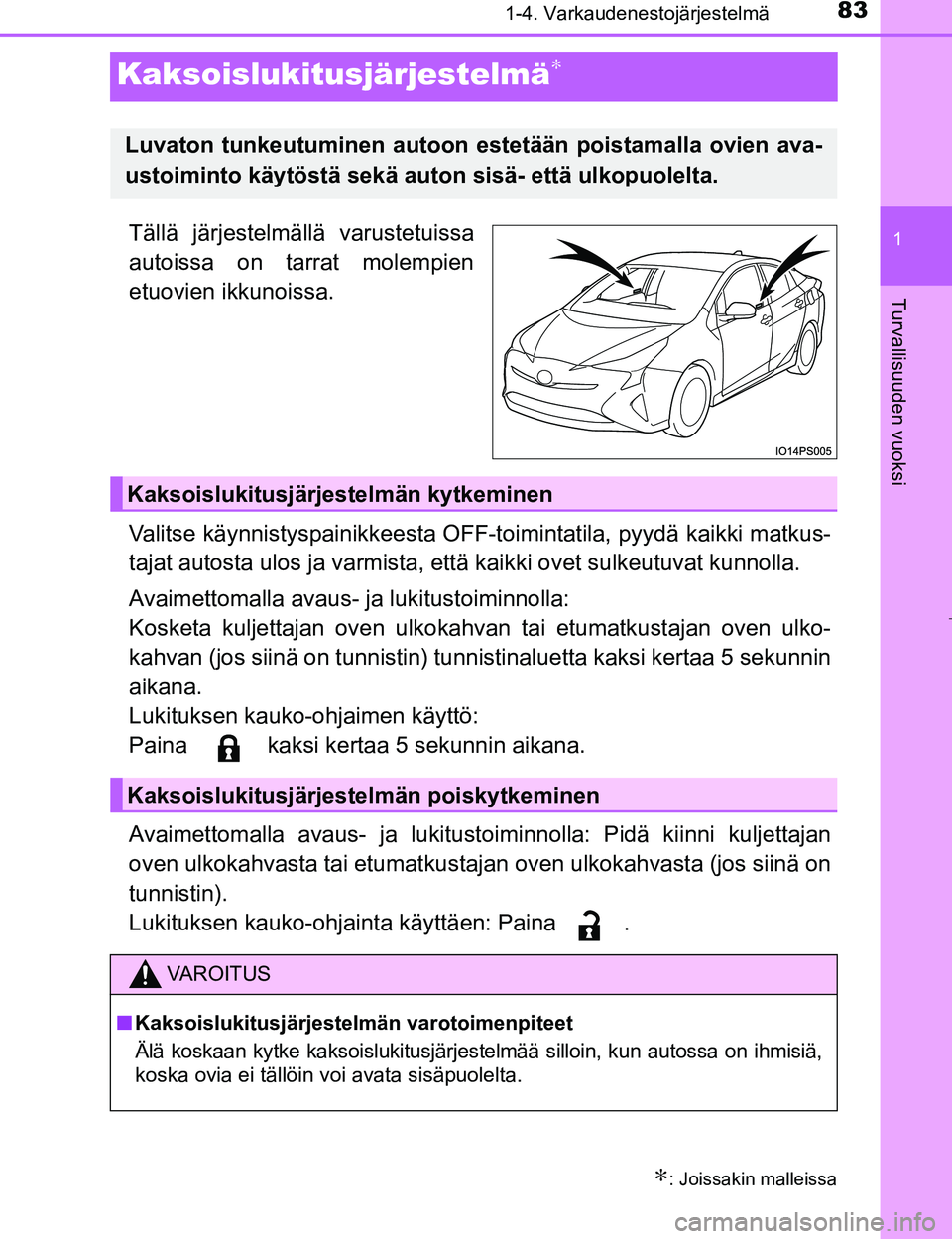 TOYOTA PRIUS 2017  Omistajan Käsikirja (in Finnish) 83
1
1-4. Varkaudenestojärjestelmä
OM47B56FI
Turvallisuuden vuoksi
Kaksoislukitusjärjestelmä∗
Tällä järjestelmällä varustetuissa
autoissa on tarrat molempien
etuovien ikkunoissa.
Valitse k