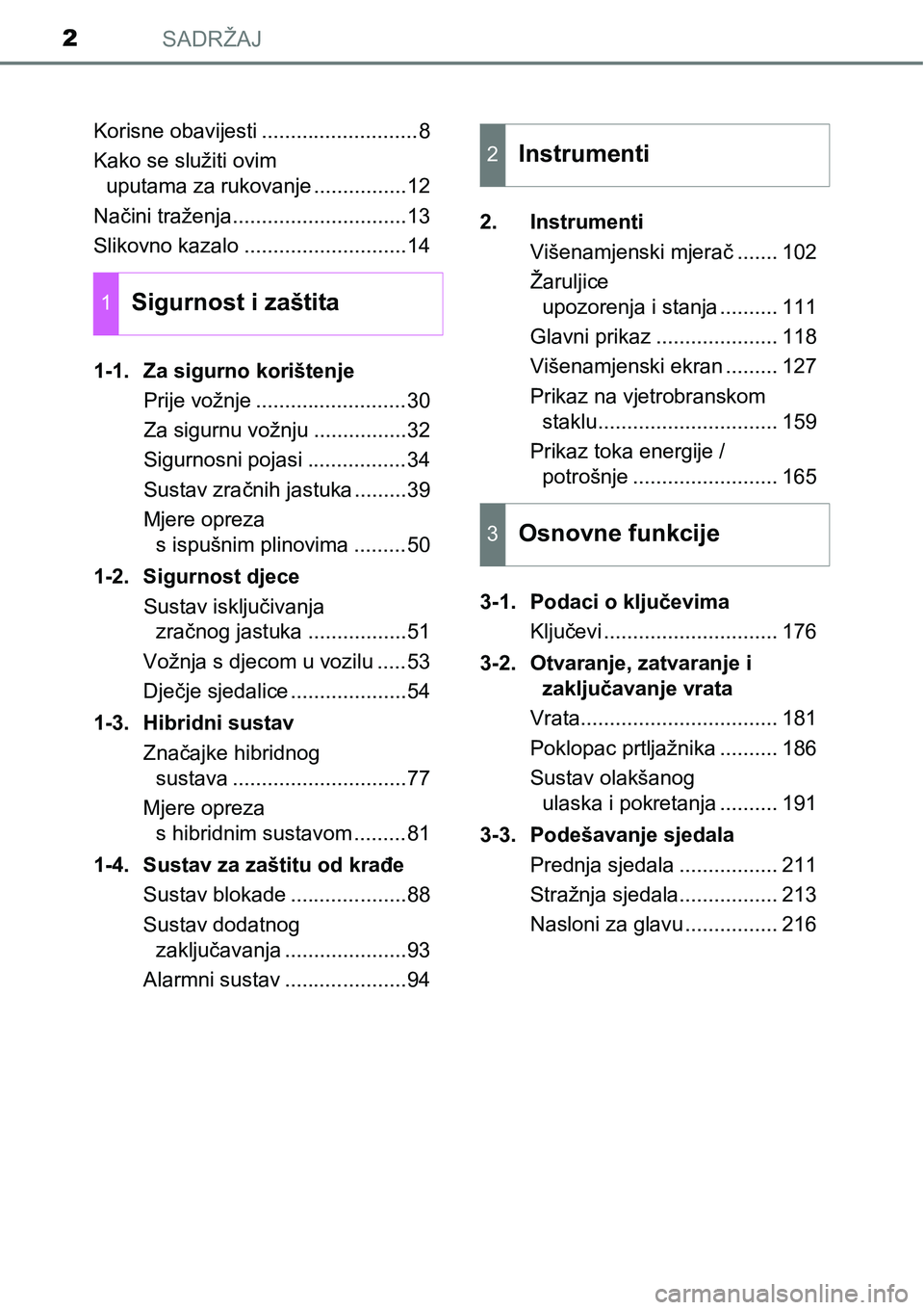 TOYOTA PRIUS 2016 Upute Za Rukovanje (in Croatian) SADRŽAJ2
Korisne obavijesti ...........................8
Kako se služiti ovim
uputama za rukovanje ................12
Načini traženja..............................13
Slikovno kazalo ............. TOYOTA PRIUS 2016 Upute Za Rukovanje (in Croatian) SADRŽAJ2
Korisne obavijesti ...........................8
Kako se služiti ovim
uputama za rukovanje ................12
Načini traženja..............................13
Slikovno kazalo .............