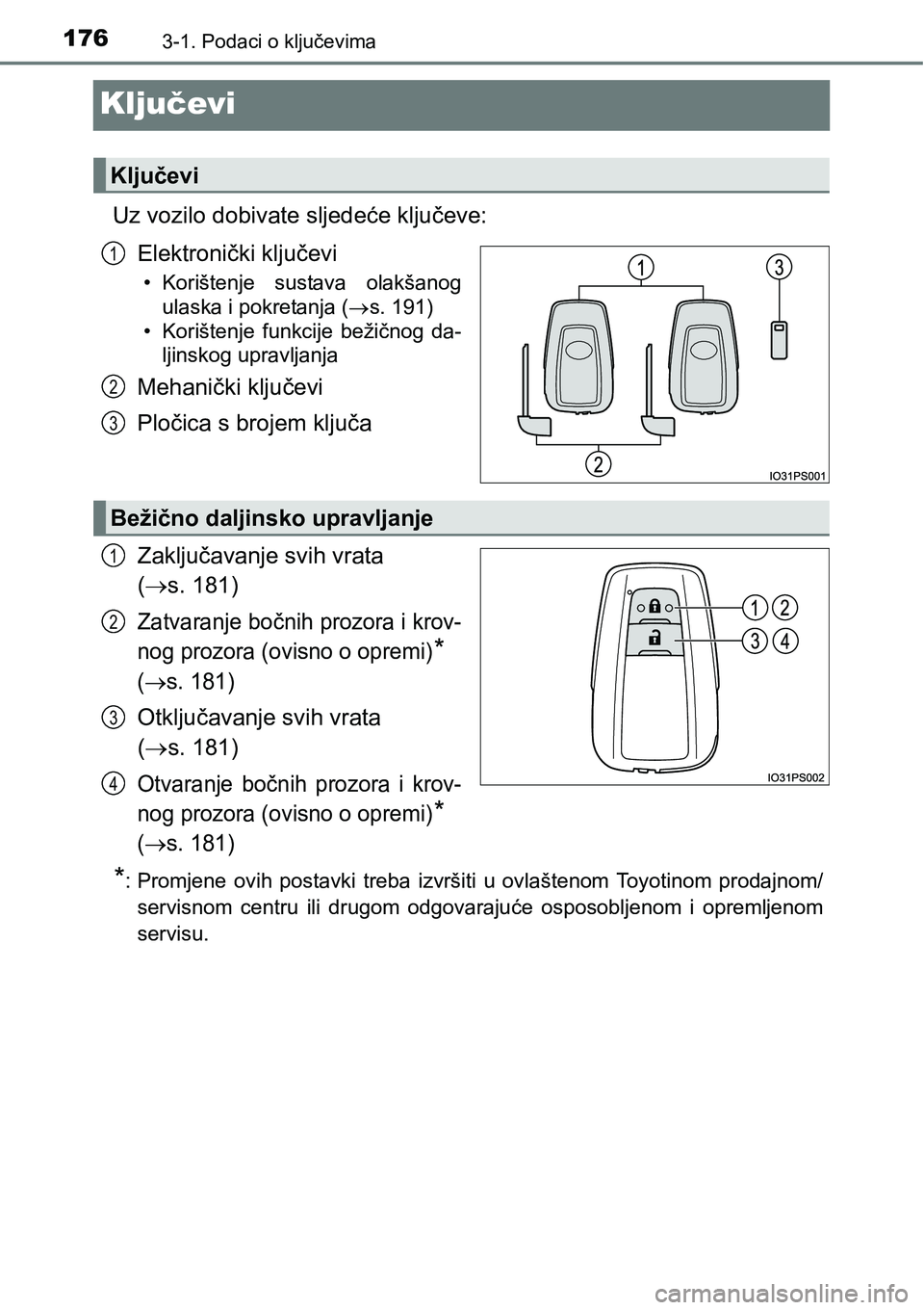 TOYOTA PRIUS 2016  Upute Za Rukovanje (in Croatian) 1763-1. Podaci o ključevima
Ključevi
Uz vozilo dobivate sljedeće ključeve:
Elektronički ključevi
• Korištenje sustava olakšanog
ulaska i pokretanja (s. 191)
• Korištenje funkcije beži