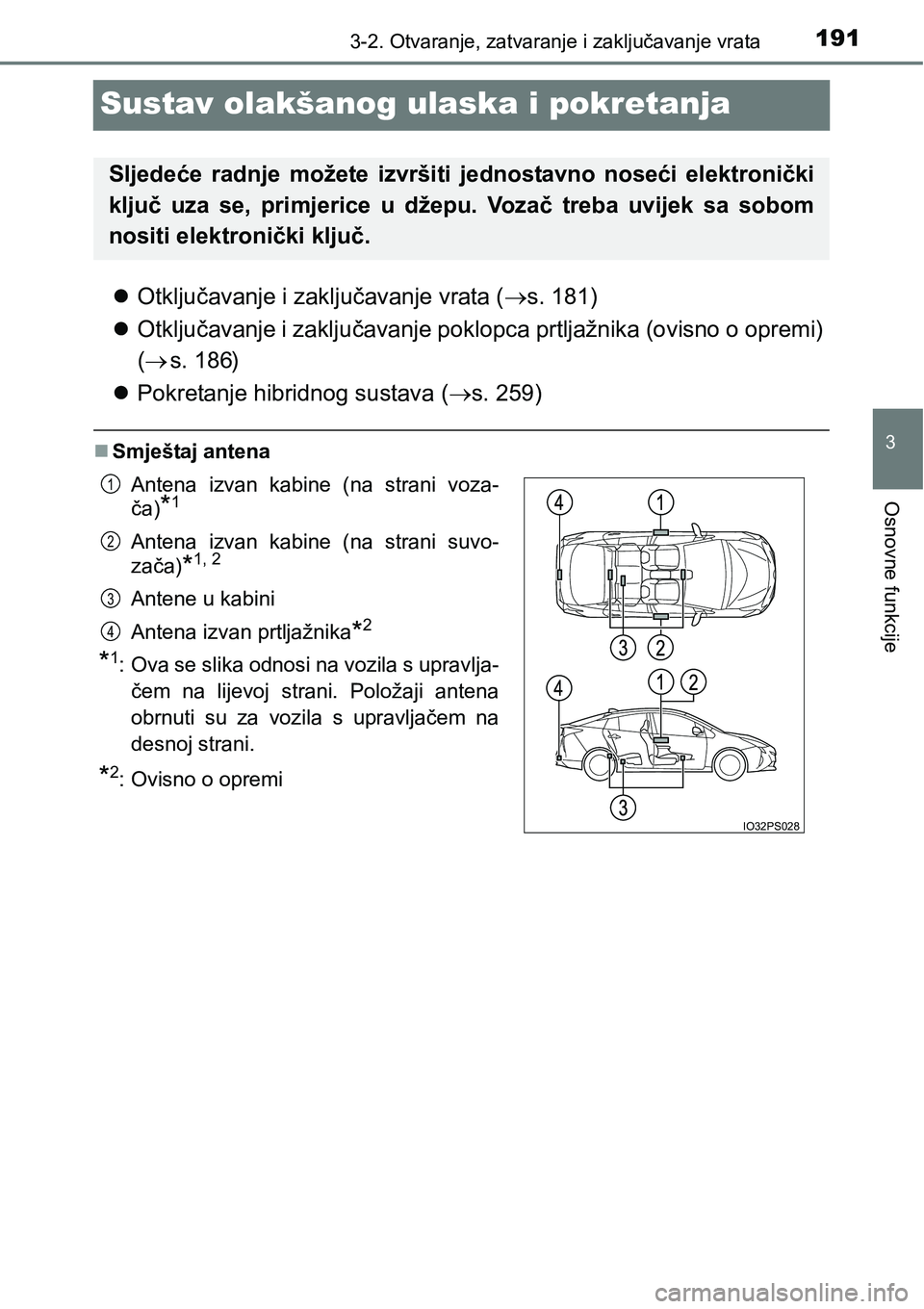 TOYOTA PRIUS 2016  Upute Za Rukovanje (in Croatian) 191
3
3-2. Otvaranje, zatvaranje i zaključavanje vrata
Osnovne funkcije
Sustav olakšanog ulaska i pokretanja
Otključavanje i zaključavanje vrata (s. 181)
Otključavanje i zaključavanje p