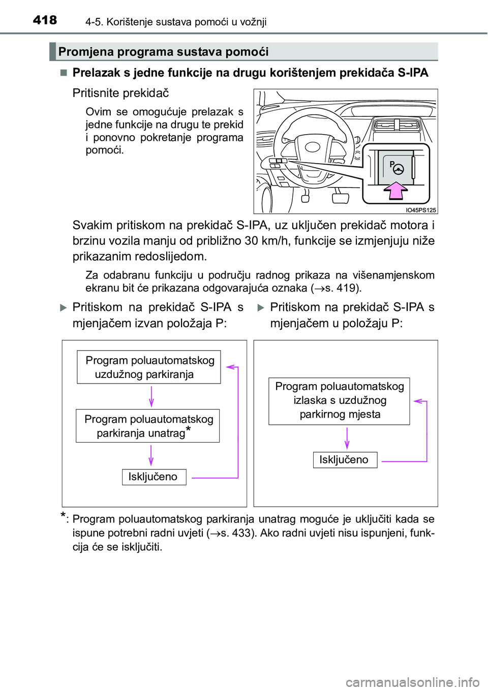 TOYOTA PRIUS 2016 Upute Za Rukovanje (in Croatian) 4184-5. Korištenje sustava pomoći u vožnji
Prelazak s jedne funkcije na drugu korištenjem prekidača S-IPA
Pritisnite prekidač
Ovim se omogućuje prelazak s
jedne funkcije na drugu te prekid
i TOYOTA PRIUS 2016 Upute Za Rukovanje (in Croatian) 4184-5. Korištenje sustava pomoći u vožnji
Prelazak s jedne funkcije na drugu korištenjem prekidača S-IPA
Pritisnite prekidač
Ovim se omogućuje prelazak s
jedne funkcije na drugu te prekid
i