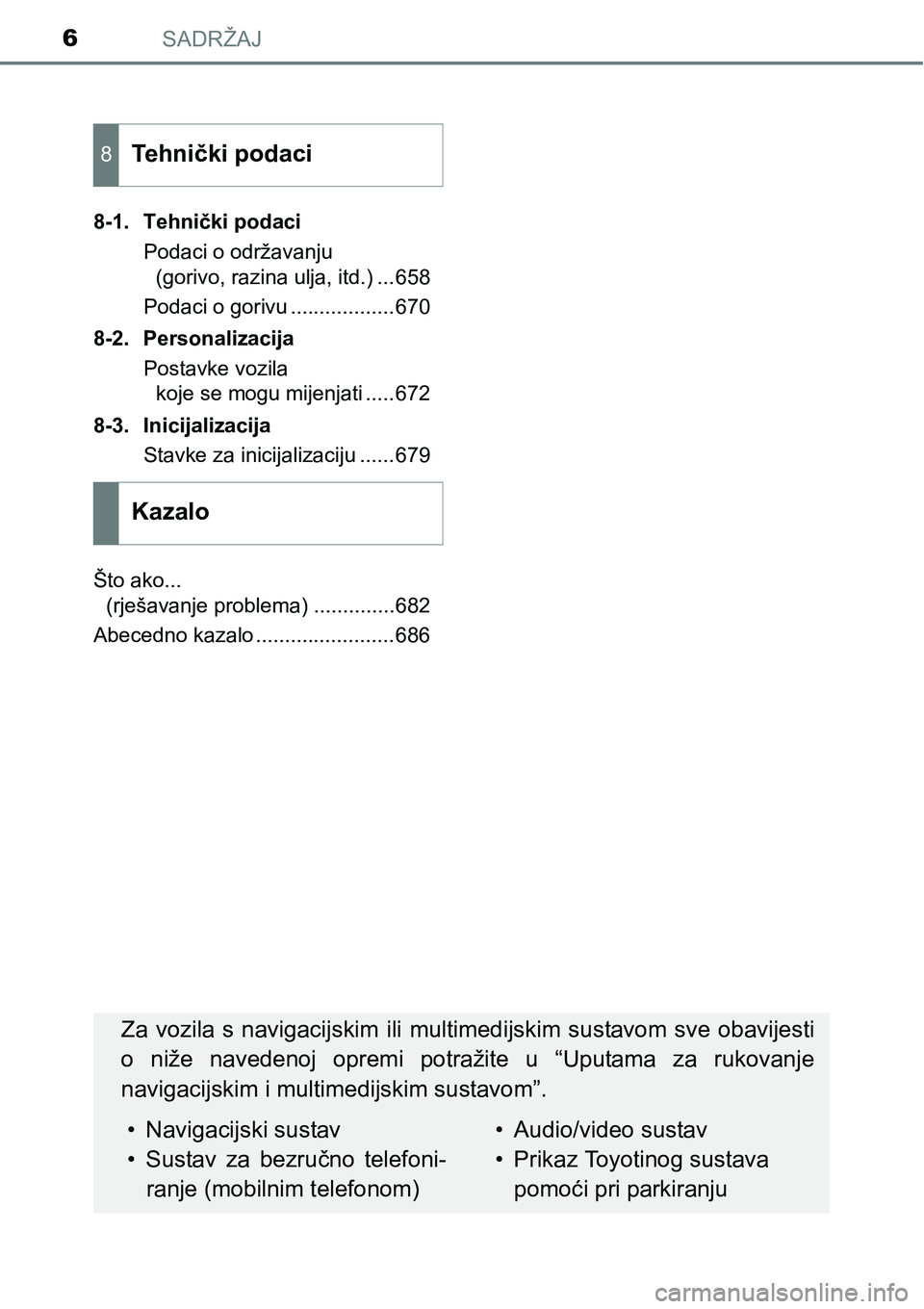 TOYOTA PRIUS 2016 Upute Za Rukovanje (in Croatian) SADRŽAJ6
8-1. Tehnički podaci
Podaci o održavanju
(gorivo, razina ulja, itd.) ...658
Podaci o gorivu ..................670
8-2. Personalizacija
Postavke vozila
koje se mogu mijenjati .....672
8-3 TOYOTA PRIUS 2016 Upute Za Rukovanje (in Croatian) SADRŽAJ6
8-1. Tehnički podaci
Podaci o održavanju
(gorivo, razina ulja, itd.) ...658
Podaci o gorivu ..................670
8-2. Personalizacija
Postavke vozila
koje se mogu mijenjati .....672
8-3