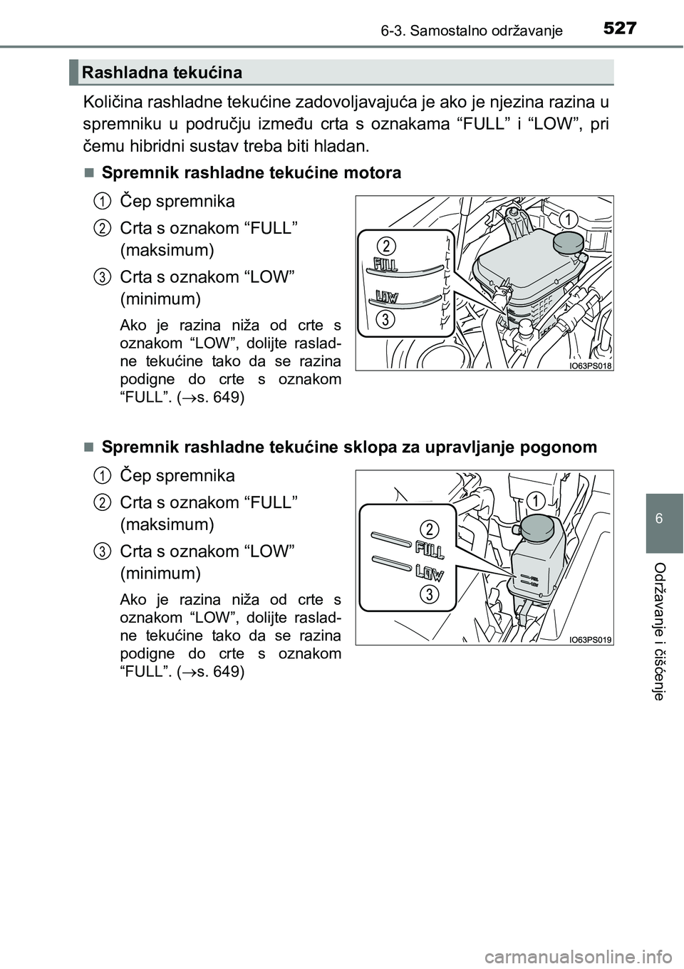 TOYOTA PRIUS 2016  Upute Za Rukovanje (in Croatian) 5276-3. Samostalno održavanje
6
Održavanje i čišćenje
Količina rashladne tekućine zadovoljavajuća je ako je njezina razina u
spremniku u području između crta s oznakama “FULL” i “LOW